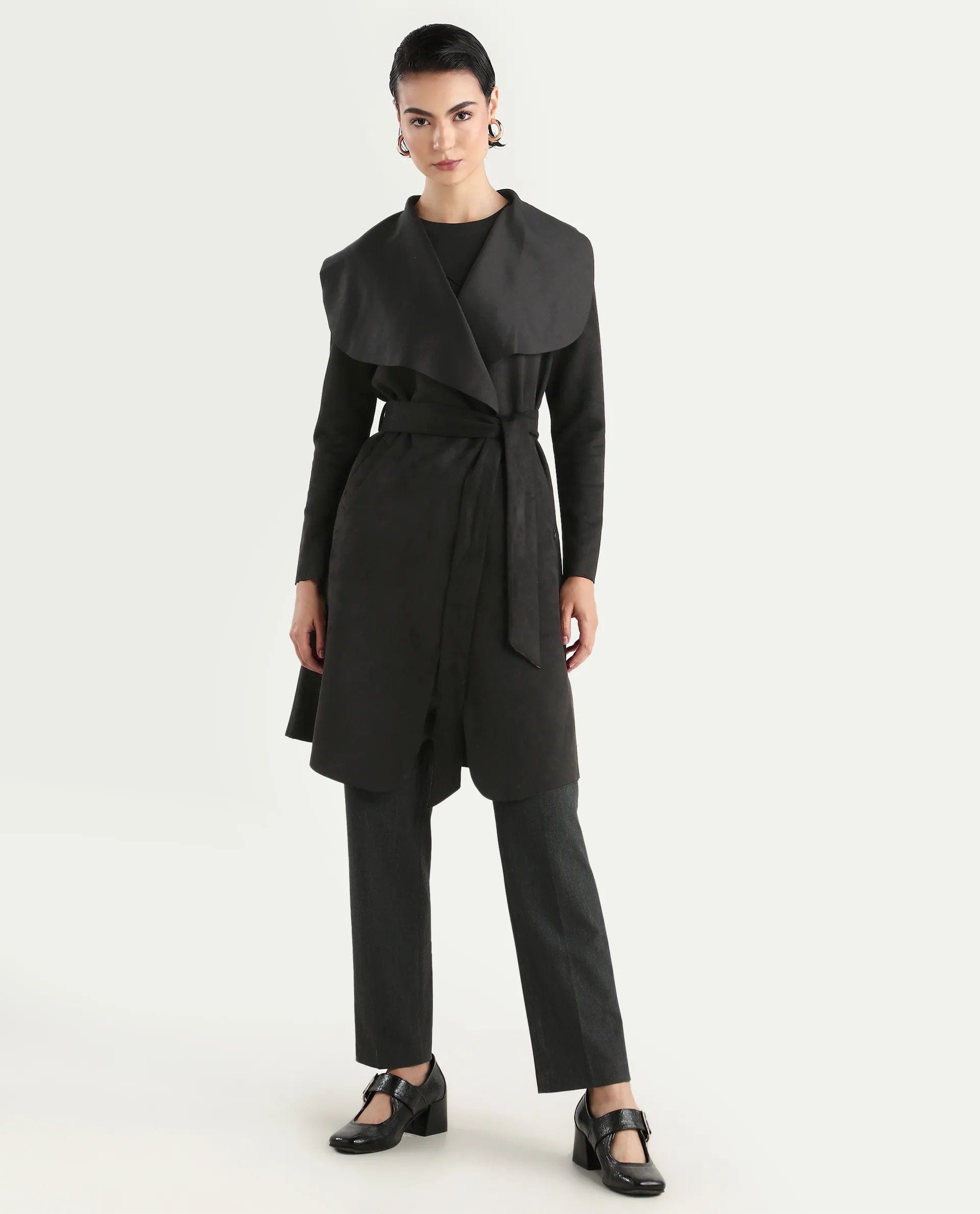 Rareism Women's Palmer 2 Black Polyester Blend Waterfall Neck Plain Midi Boxy Fit Jacket