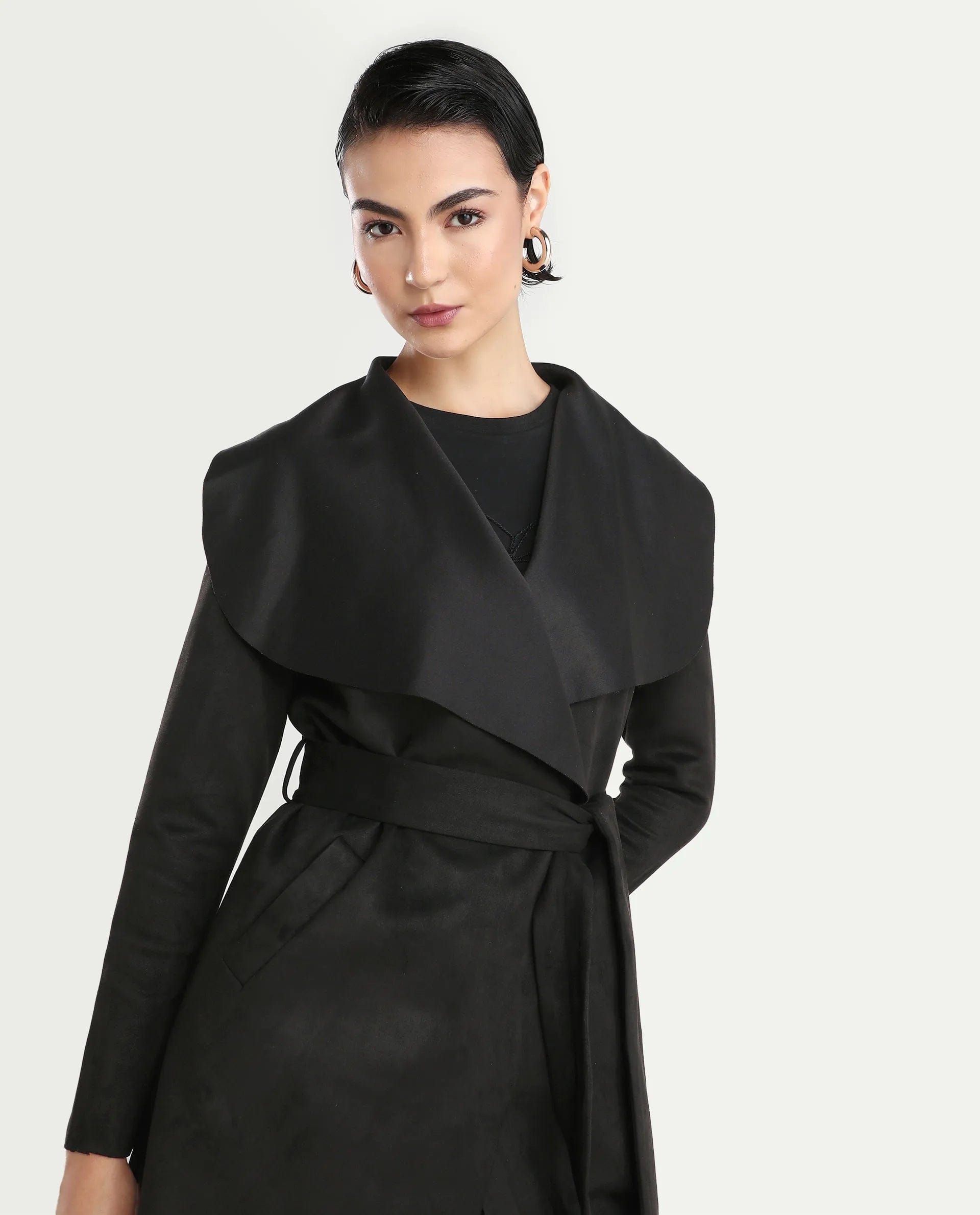 Rareism Women's Palmer 2 Black Polyester Blend Waterfall Neck Plain Midi Boxy Fit Jacket