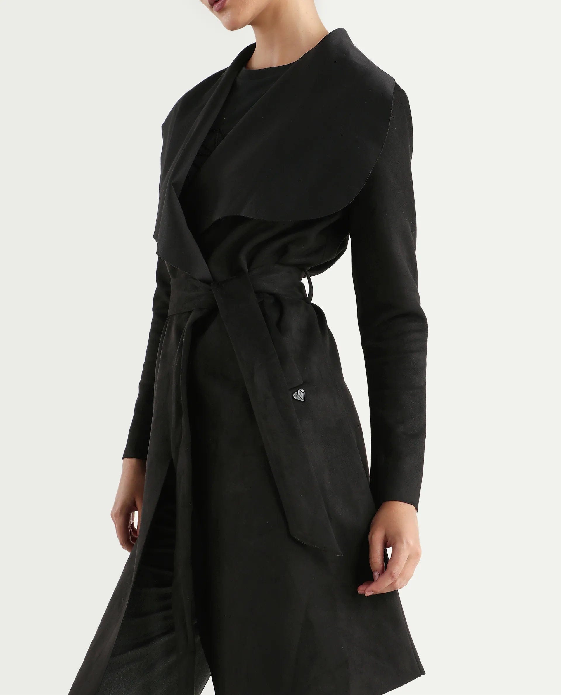 Rareism Women's Palmer 2 Black Polyester Blend Waterfall Neck Plain Midi Boxy Fit Jacket