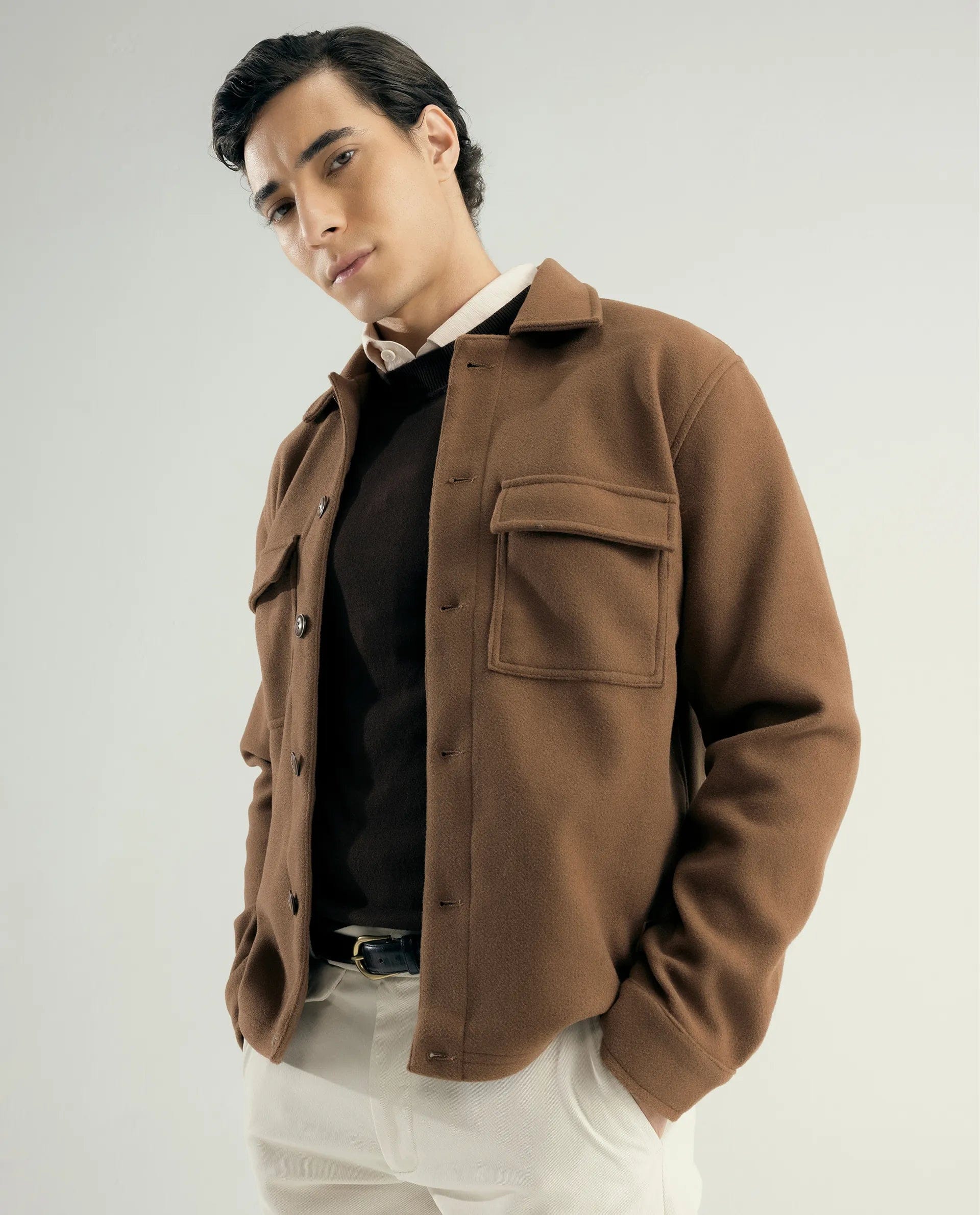 RARE Rabbit Men's Bensko Brown Polyester Fabric Spread Collar Regular Fit Plain Jacket