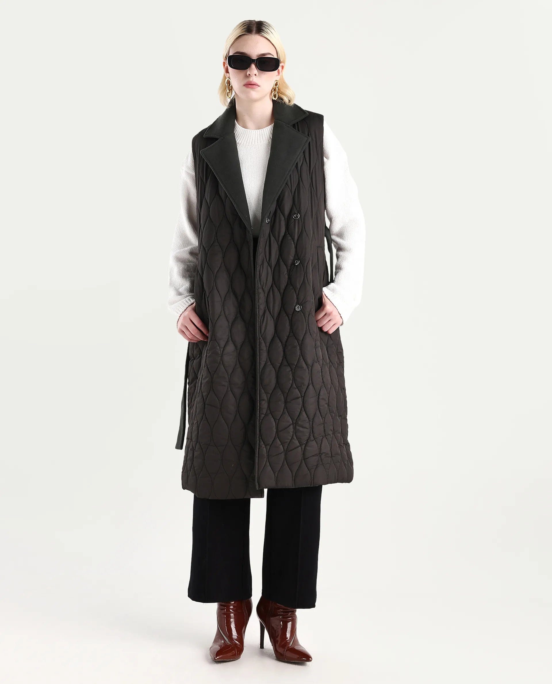 Rareism Women's Lonpuf Olive Polyester Lapel Collar Plain Jacket