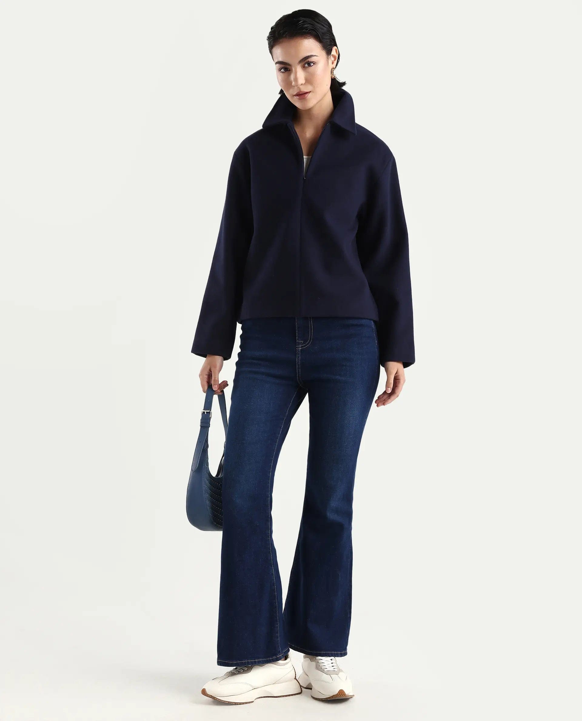 Rareism Women's Nacoz Navy Polyester Blend Spread Collar Regular Fit Jacket