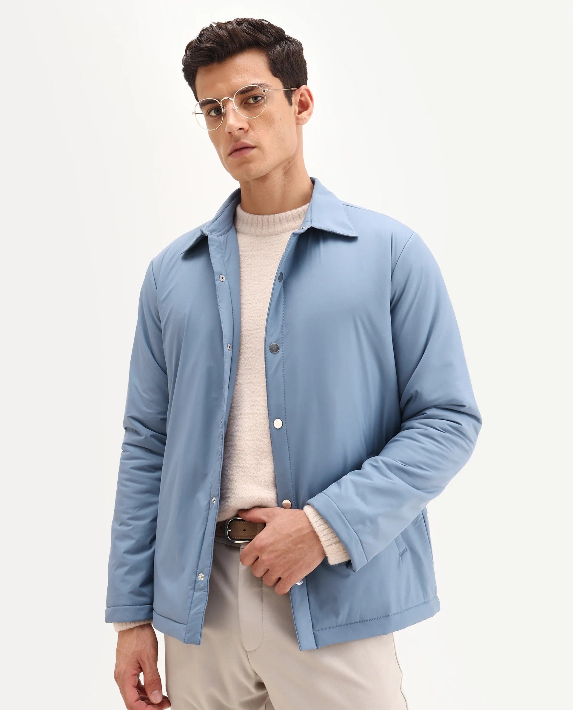RARE Rabbit Men's Olva Dusky Blue Polyester Fabric Collared Neck Regular Plain Jacket