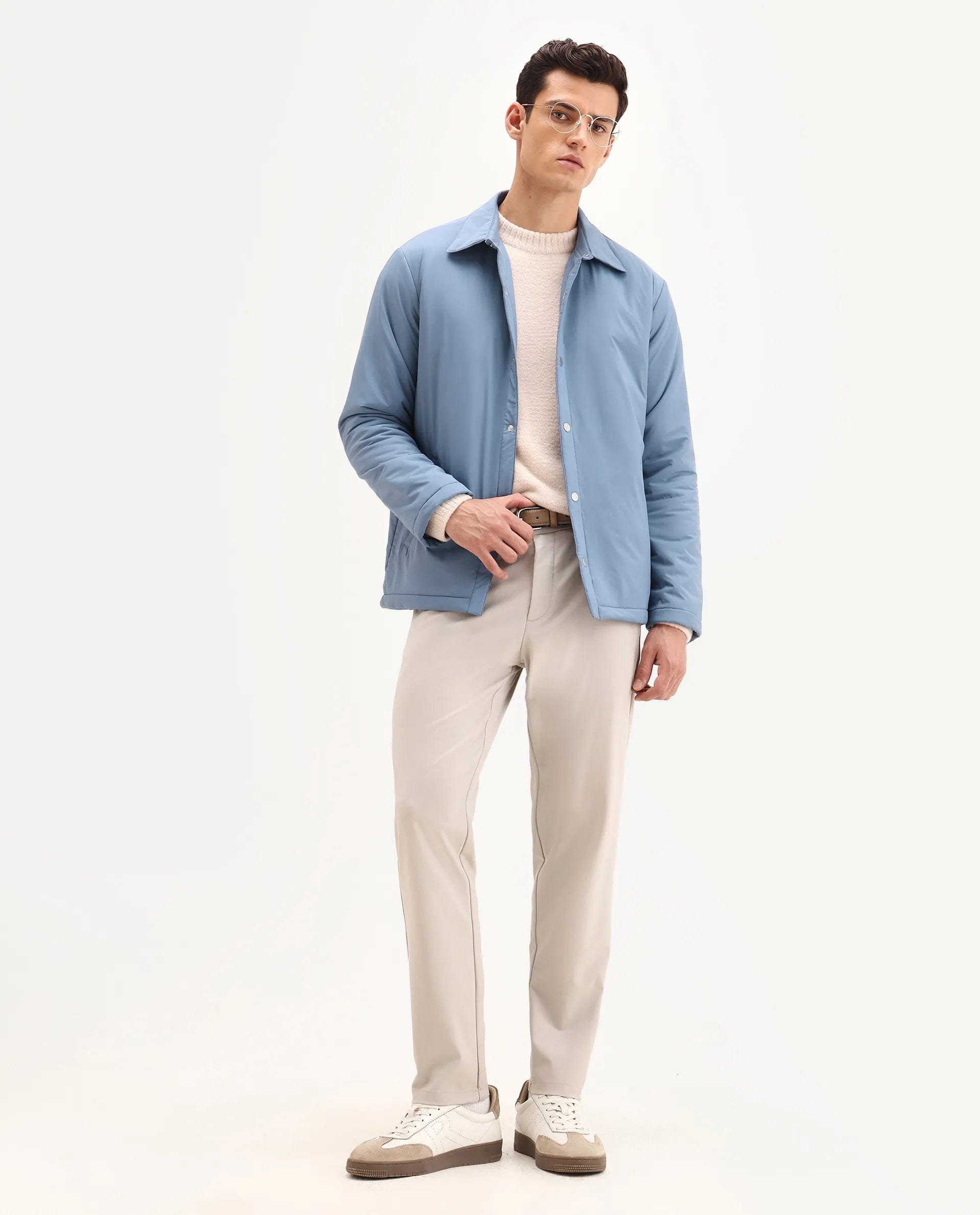 RARE Rabbit Men's Olva Dusky Blue Polyester Fabric Collared Neck Regular Plain Jacket