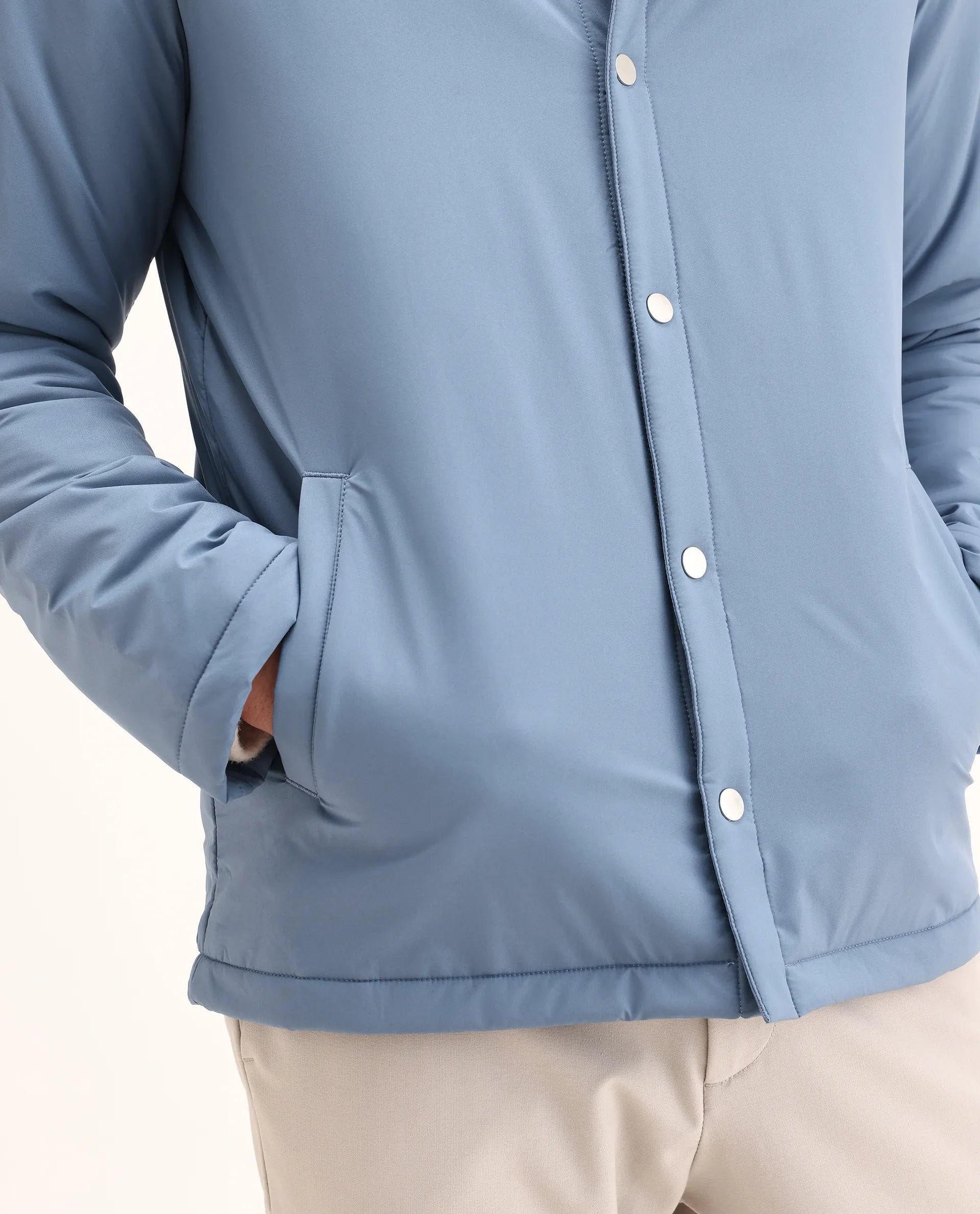 RARE Rabbit Men's Olva Dusky Blue Polyester Fabric Collared Neck Regular Plain Jacket