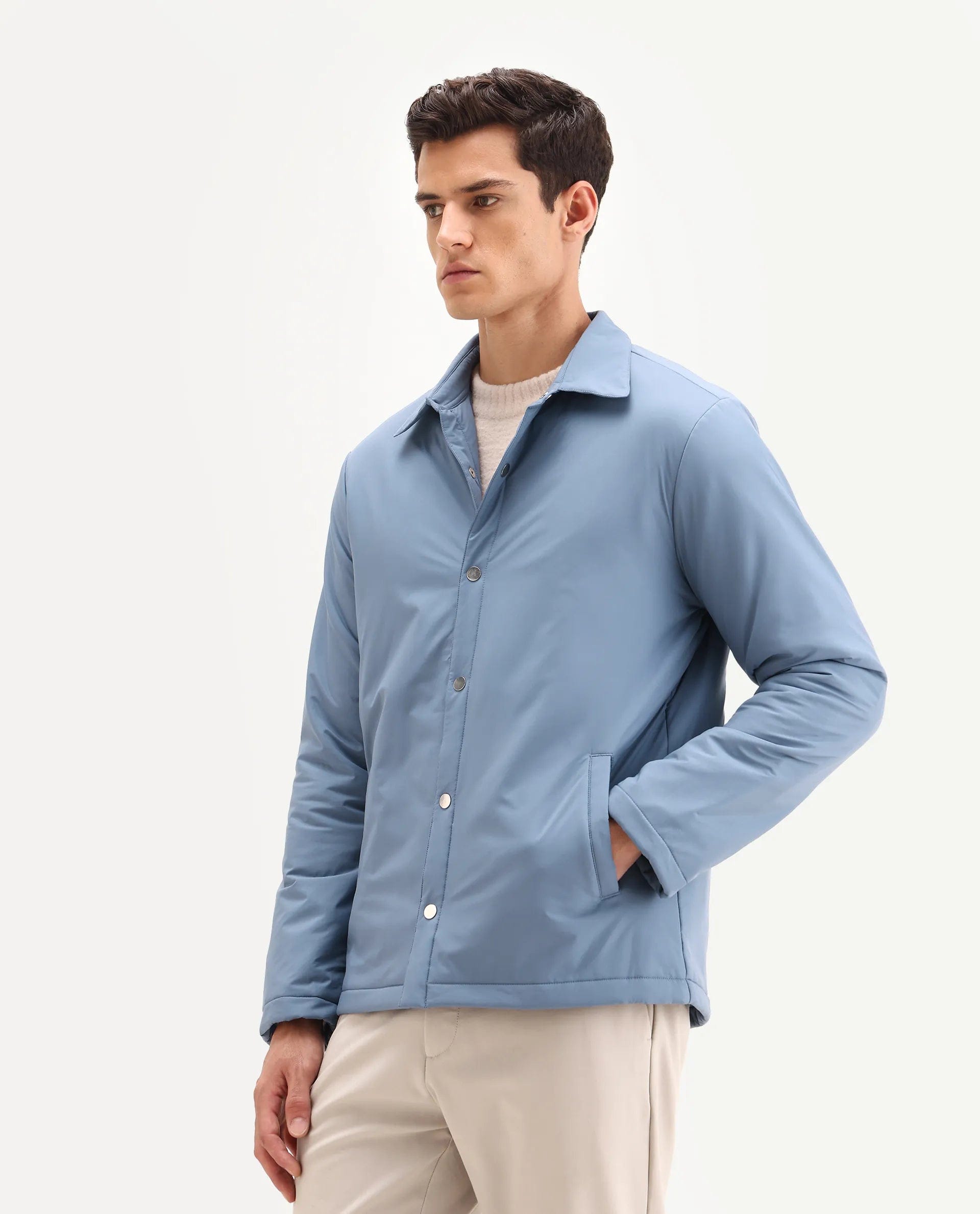 RARE Rabbit Men's Olva Dusky Blue Polyester Fabric Collared Neck Regular Plain Jacket