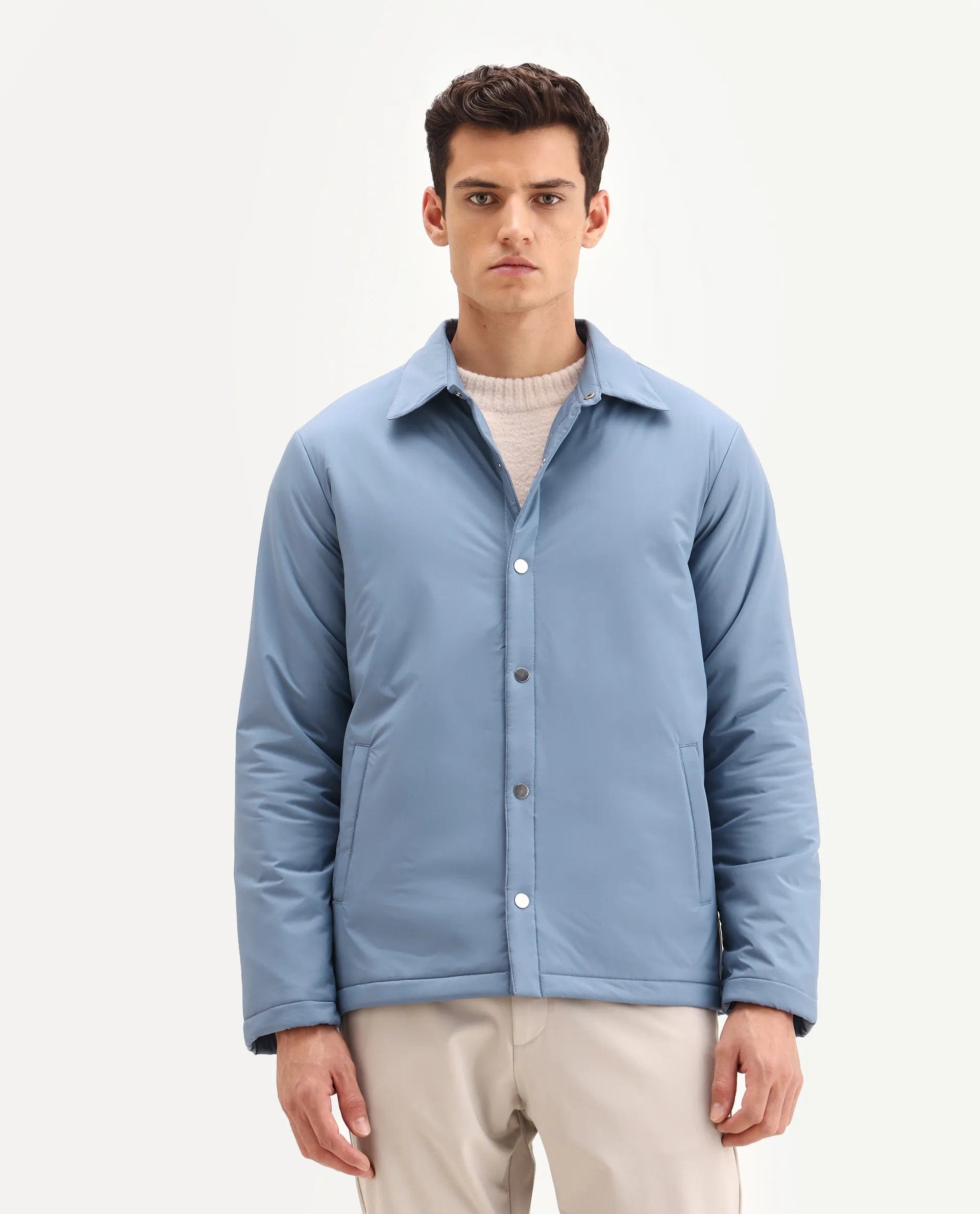 RARE Rabbit Men's Olva Dusky Blue Polyester Fabric Collared Neck Regular Plain Jacket