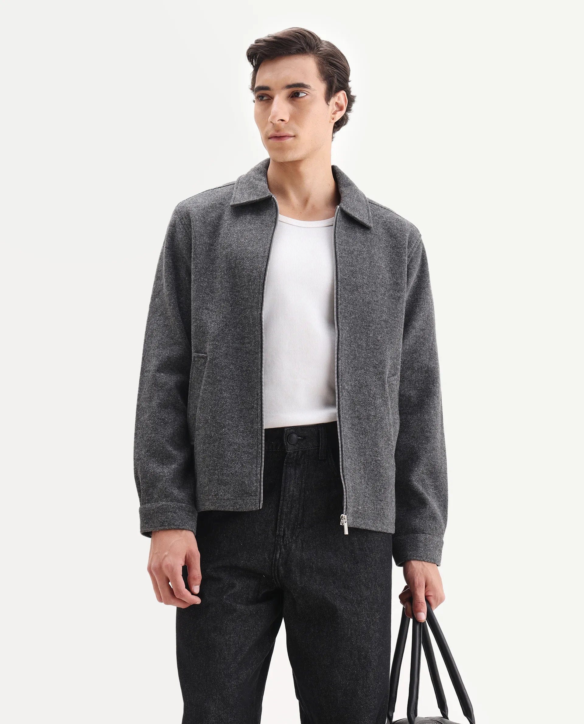 RARE Rabbit Men's Tweeder - 25 Grey Polyester Blend Fabric Collared Neck Regular Fit Plain Jacket