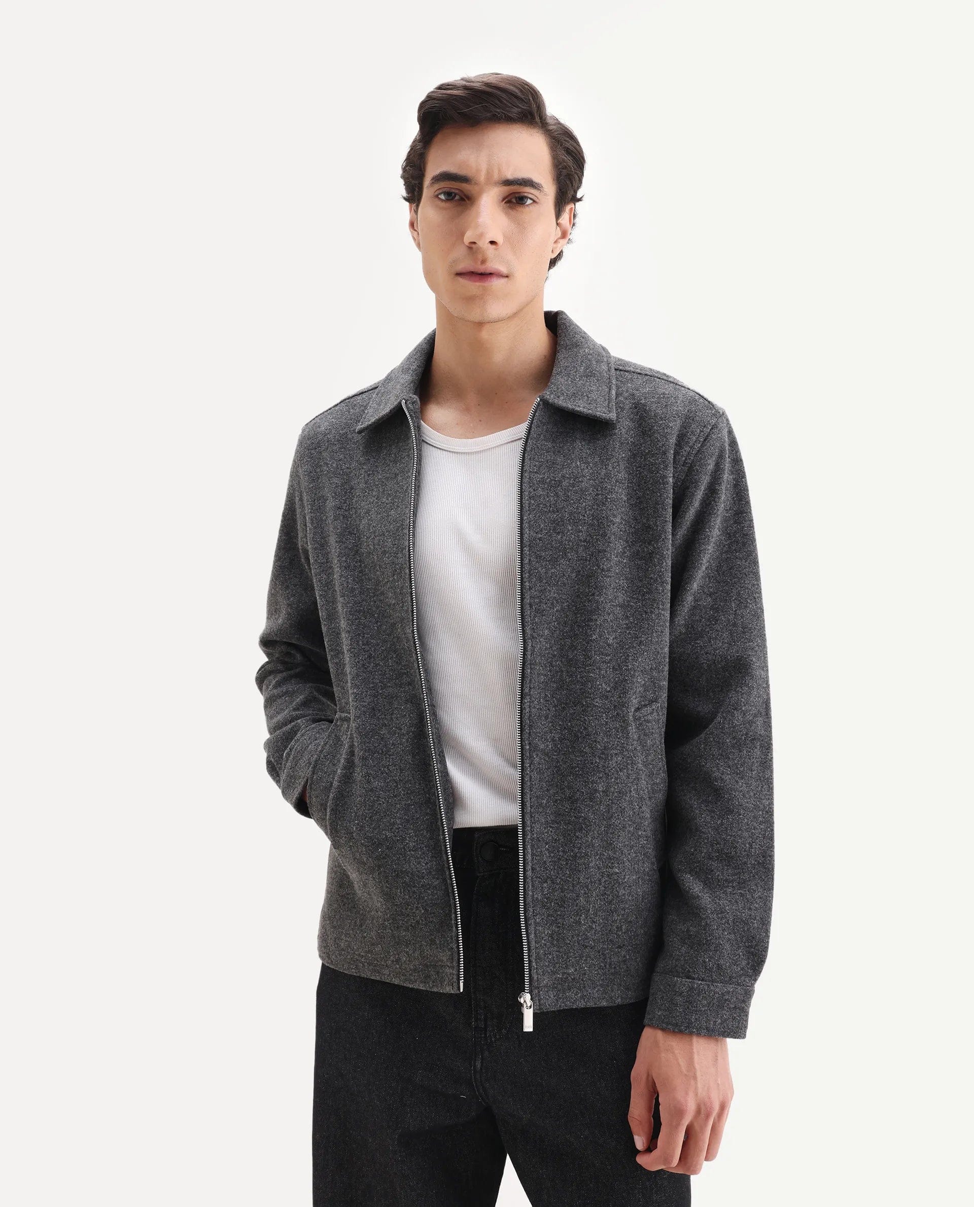 RARE Rabbit Men's Tweeder - 25 Grey Polyester Blend Fabric Collared Neck Regular Fit Plain Jacket