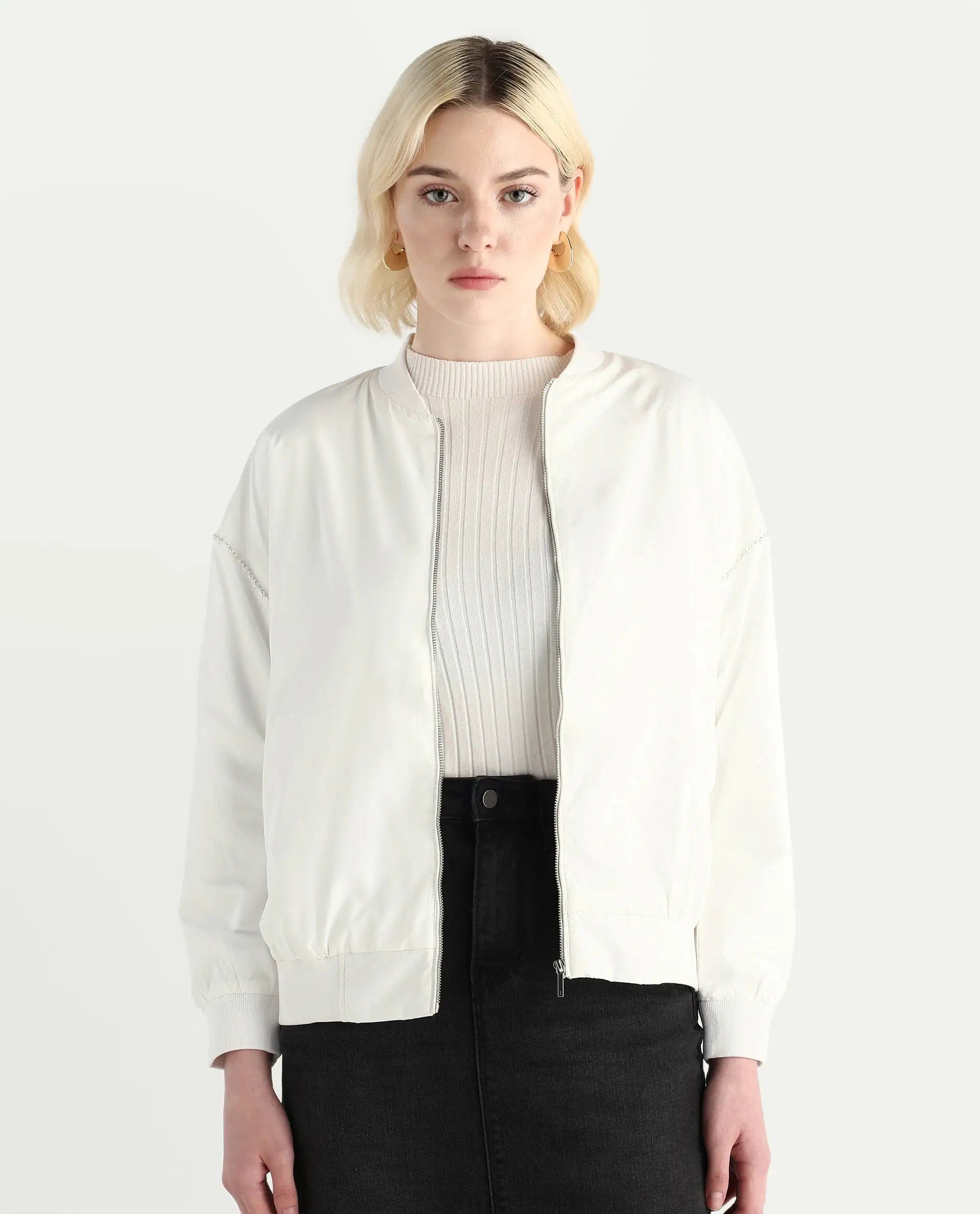 Rareism Women's Nifreen Off White Polyester Rib Collar Boxy Fit Plain Jacket
