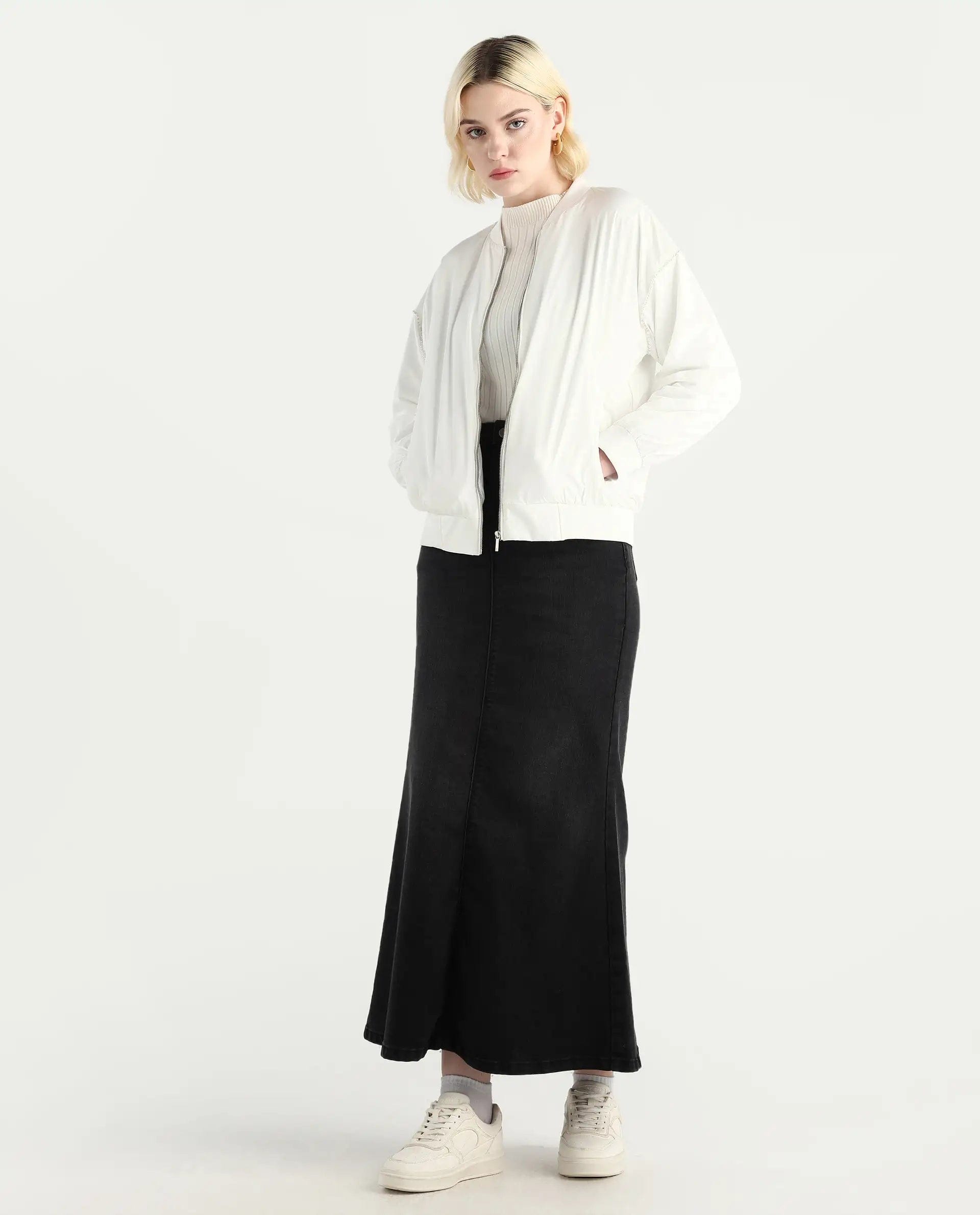 Rareism Women's Nifreen Off White Polyester Rib Collar Boxy Fit Plain Jacket