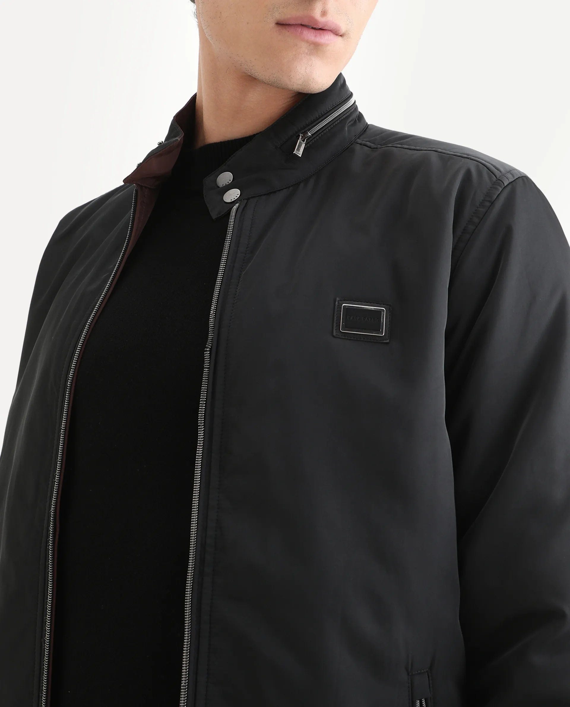 RARE Rabbit Men's Royban - 25 Black Polyester Plain Regular Fit Full Sleeve High Neck Jacket