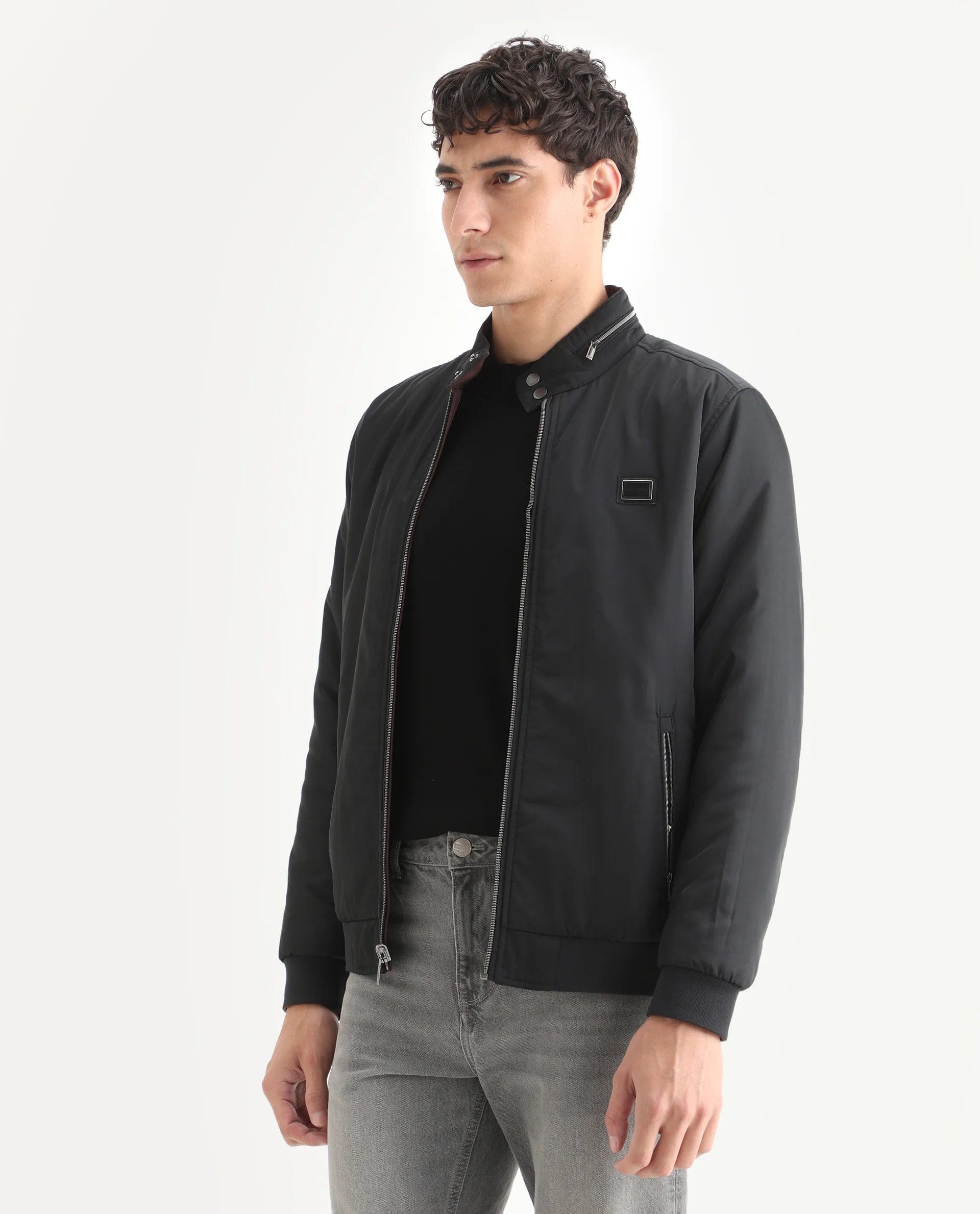 RARE Rabbit Men's Royban - 25 Black Polyester Plain Regular Fit Full Sleeve High Neck Jacket