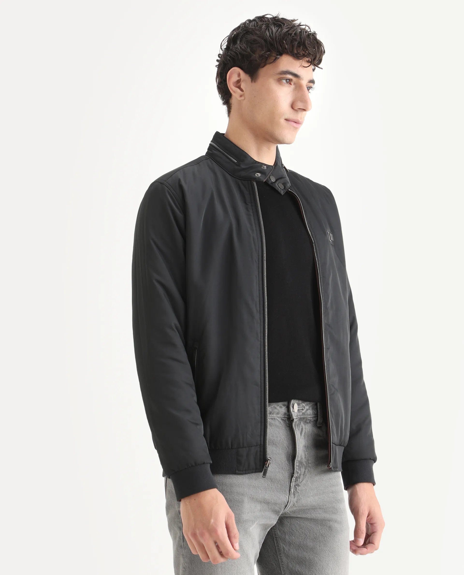 RARE Rabbit Men's Royban - 25 Black Polyester Plain Regular Fit Full Sleeve High Neck Jacket