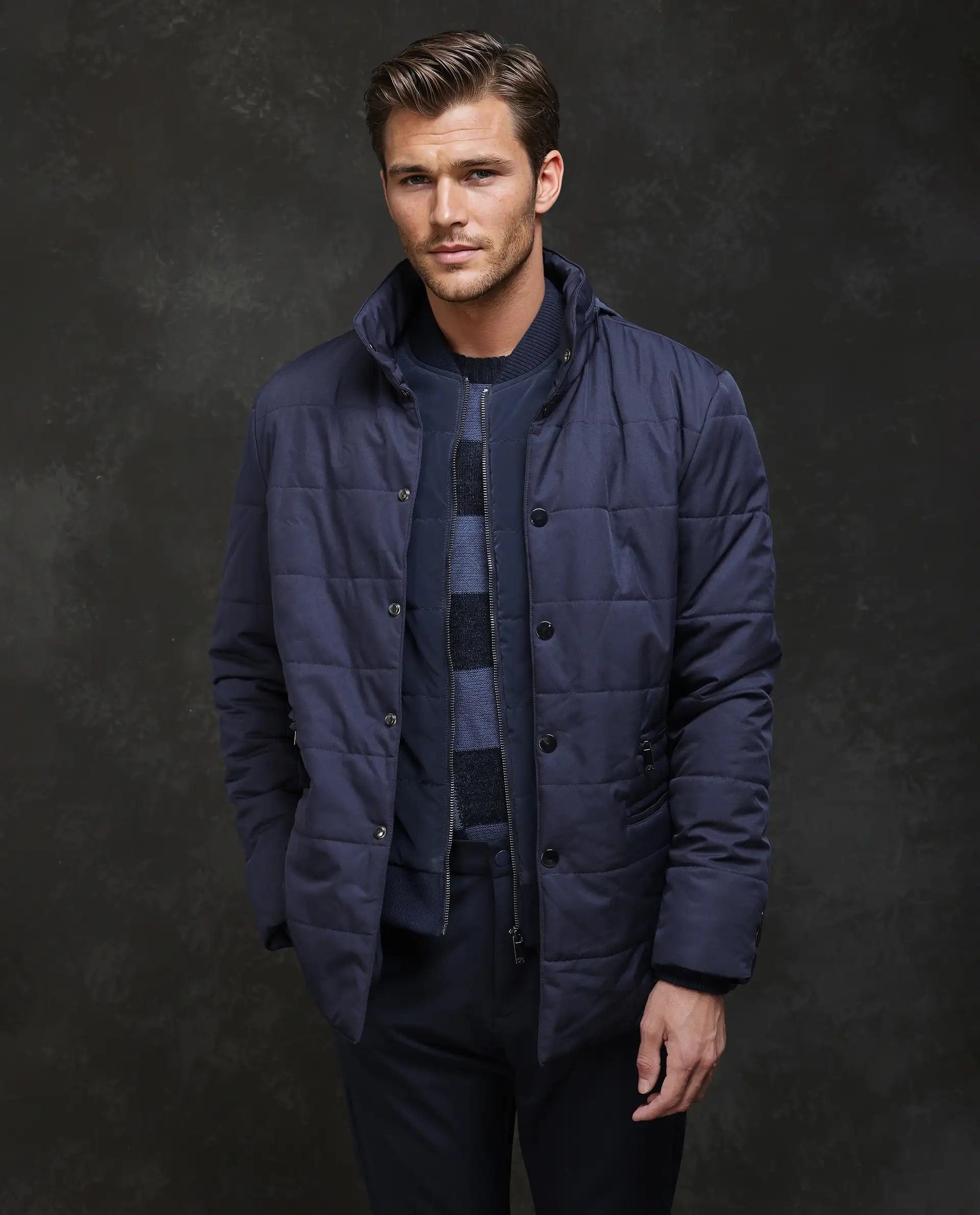 RARE Rabbit Men's Brunel Navy Nylon Plain Regular Fit Full Sleeve High Neck Jacket