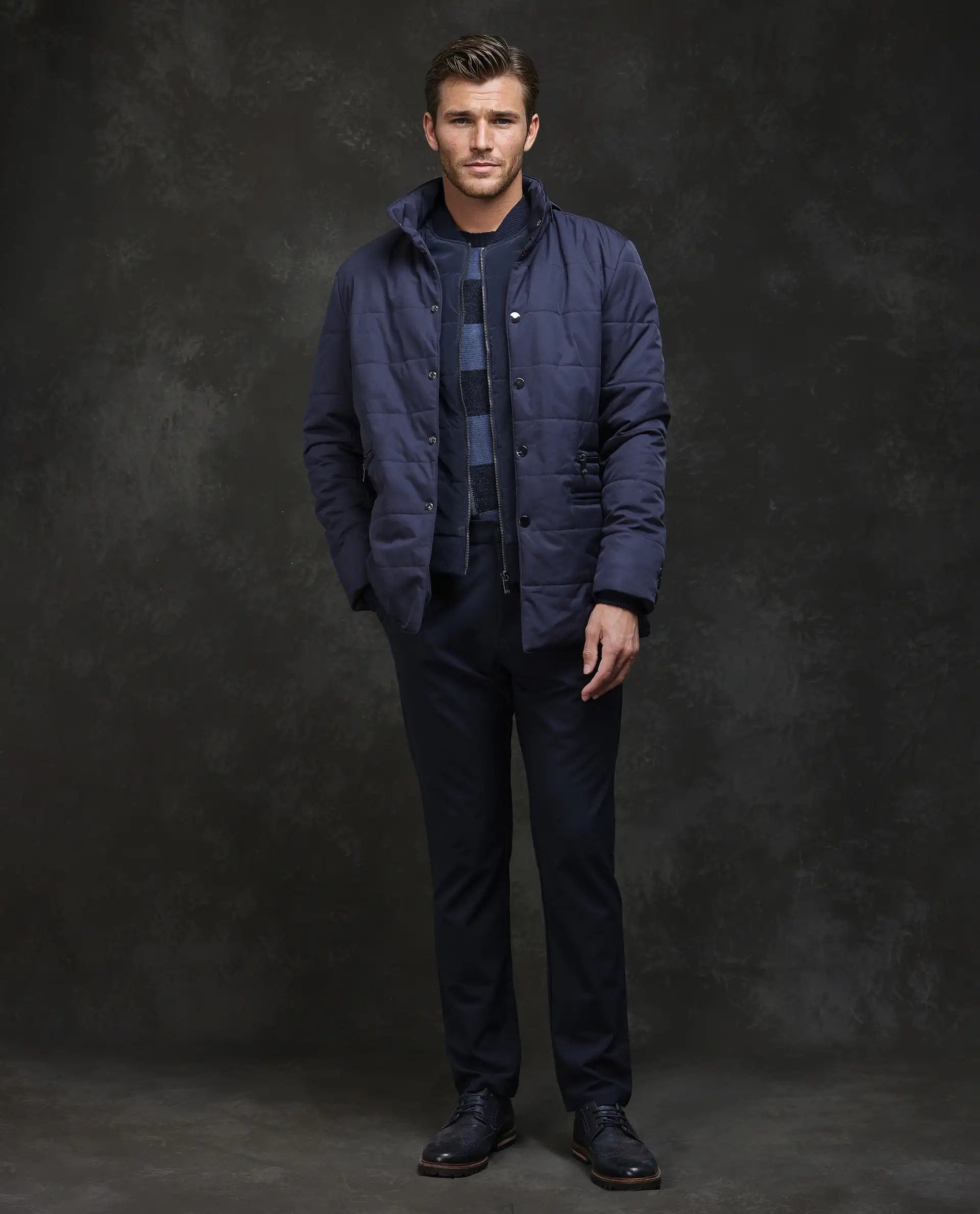 RARE Rabbit Men's Brunel Navy Nylon Plain Regular Fit Full Sleeve High Neck Jacket