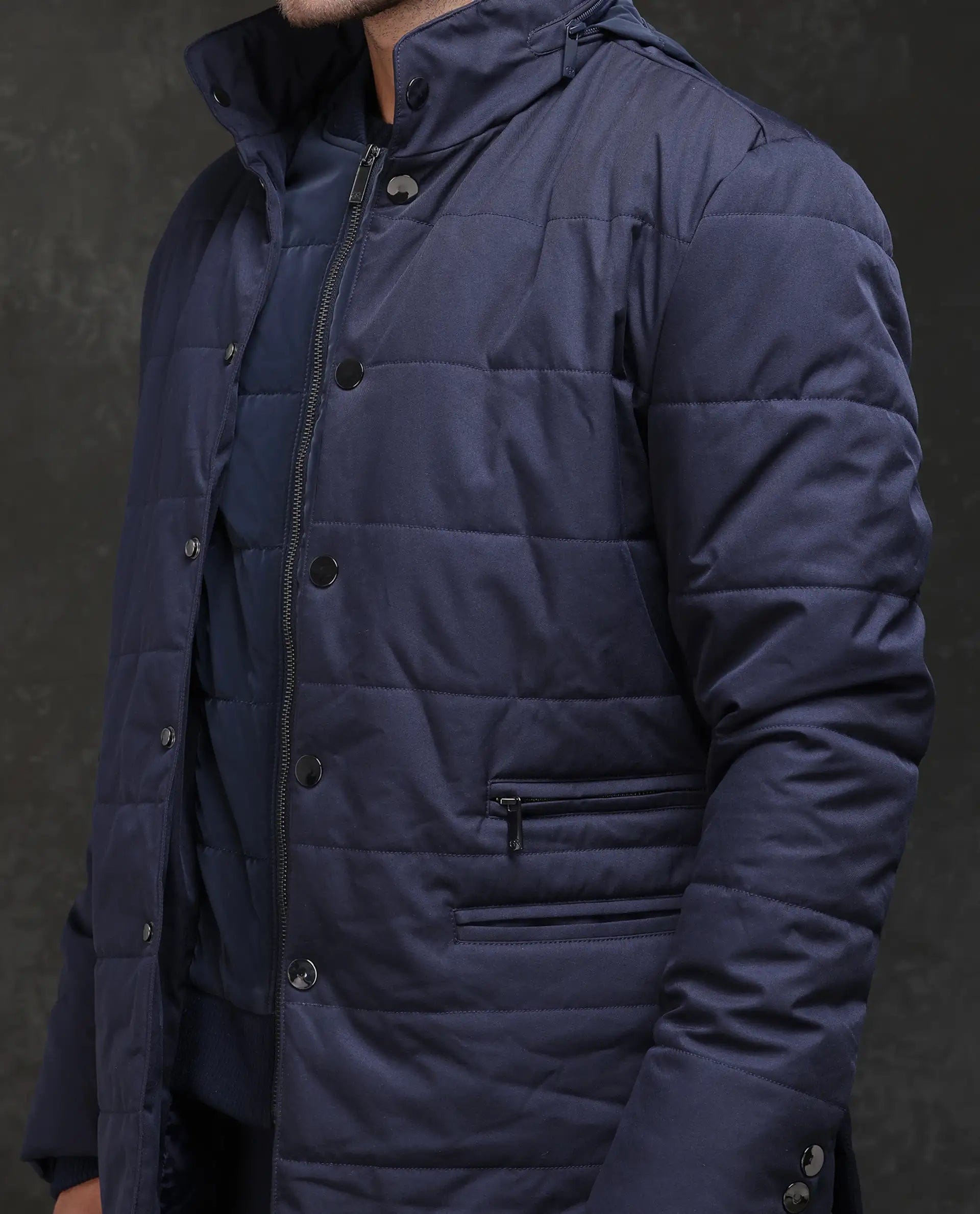 RARE Rabbit Men's Brunel Navy Nylon Plain Regular Fit Full Sleeve High Neck Jacket