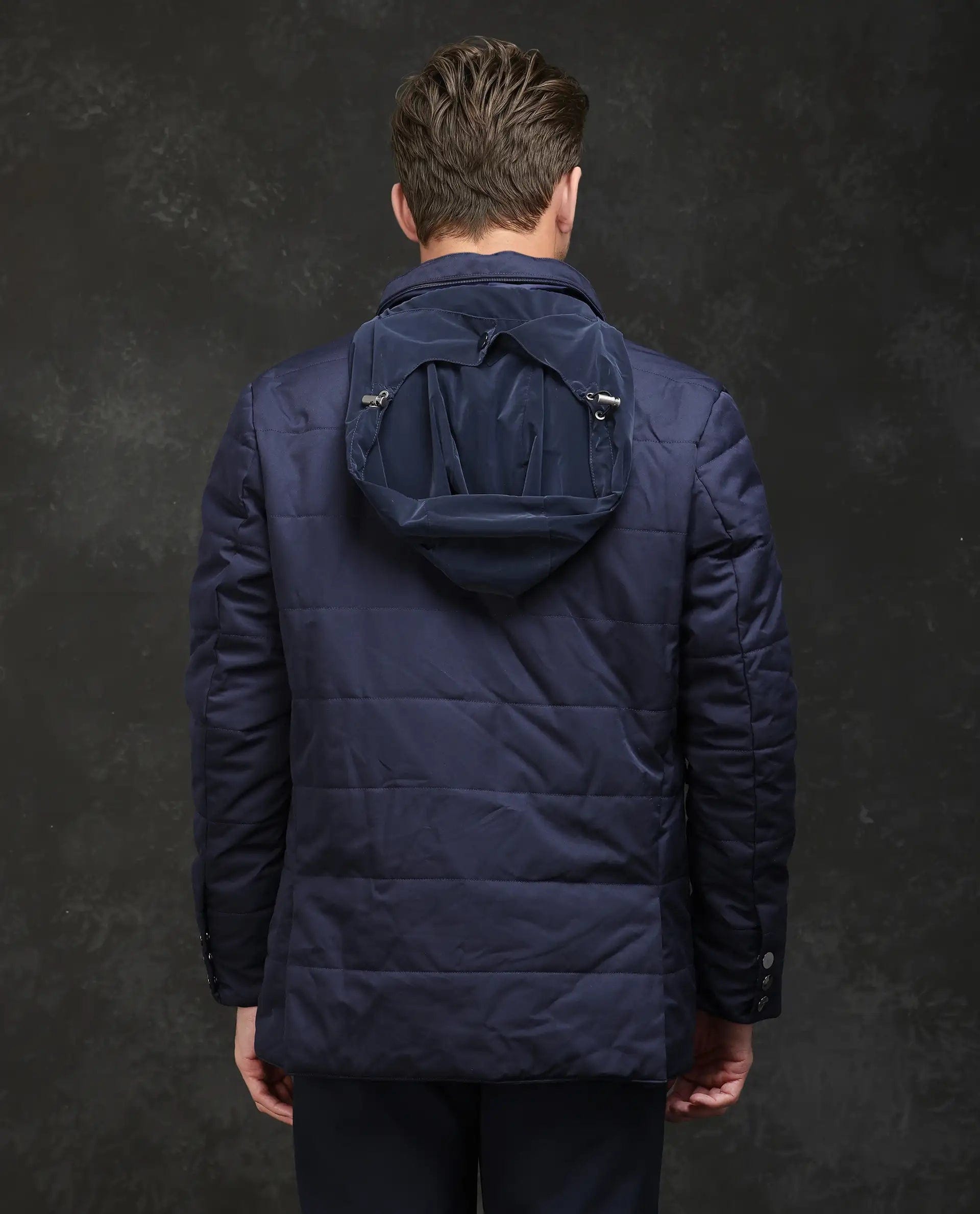 RARE Rabbit Men's Brunel Navy Nylon Plain Regular Fit Full Sleeve High Neck Jacket