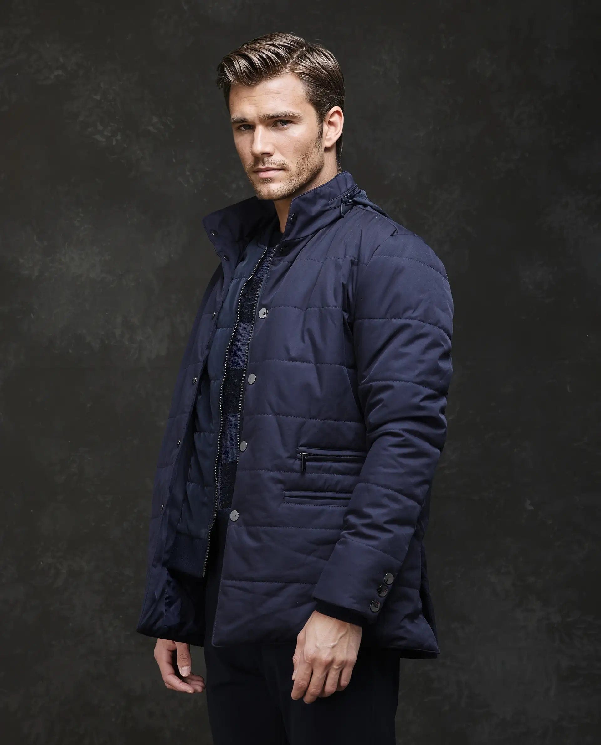RARE Rabbit Men's Brunel Navy Nylon Plain Regular Fit Full Sleeve High Neck Jacket
