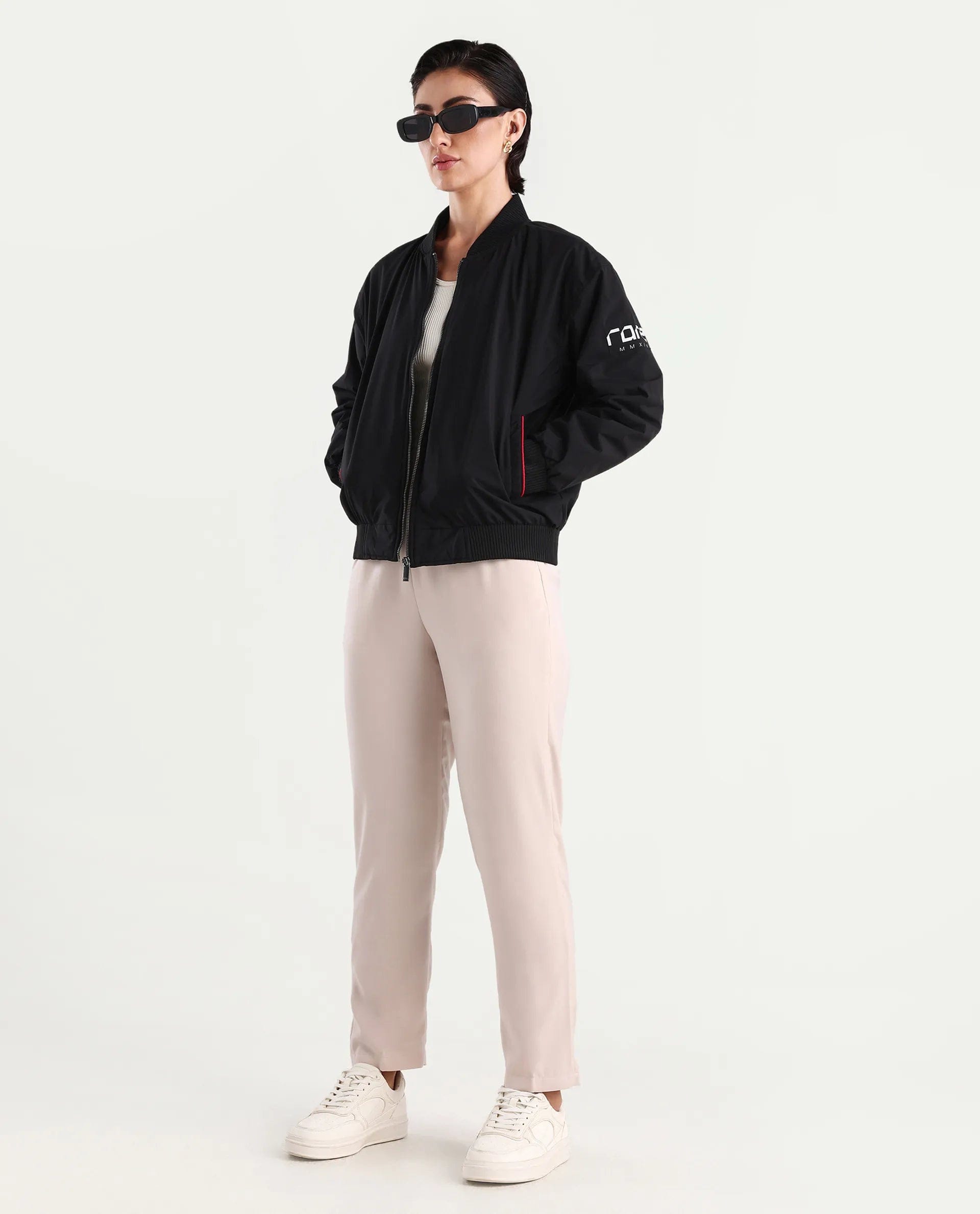 Rareism Women's Axley Black Polyester High Neck Printed Relaxed Fit Jacket