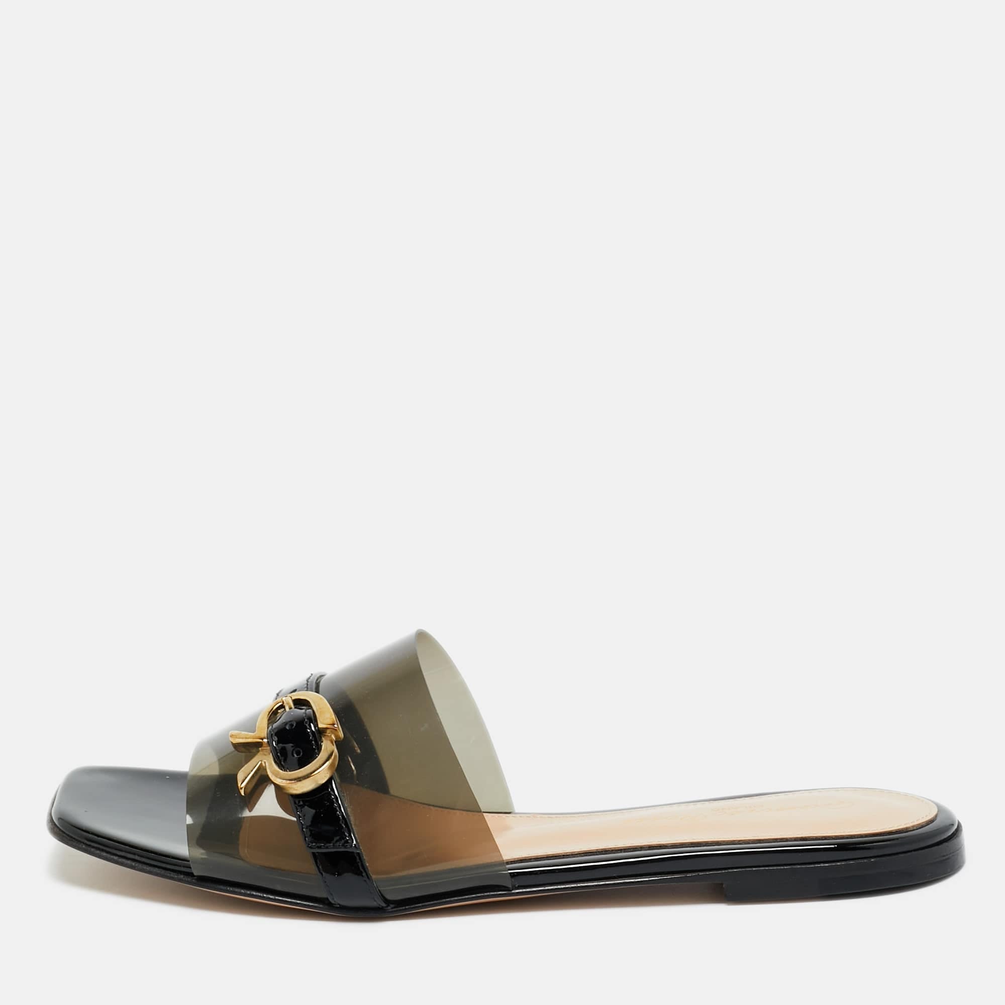 Gianvito Rossi Black Pvc And Patent Leather Gemini Flat Slides