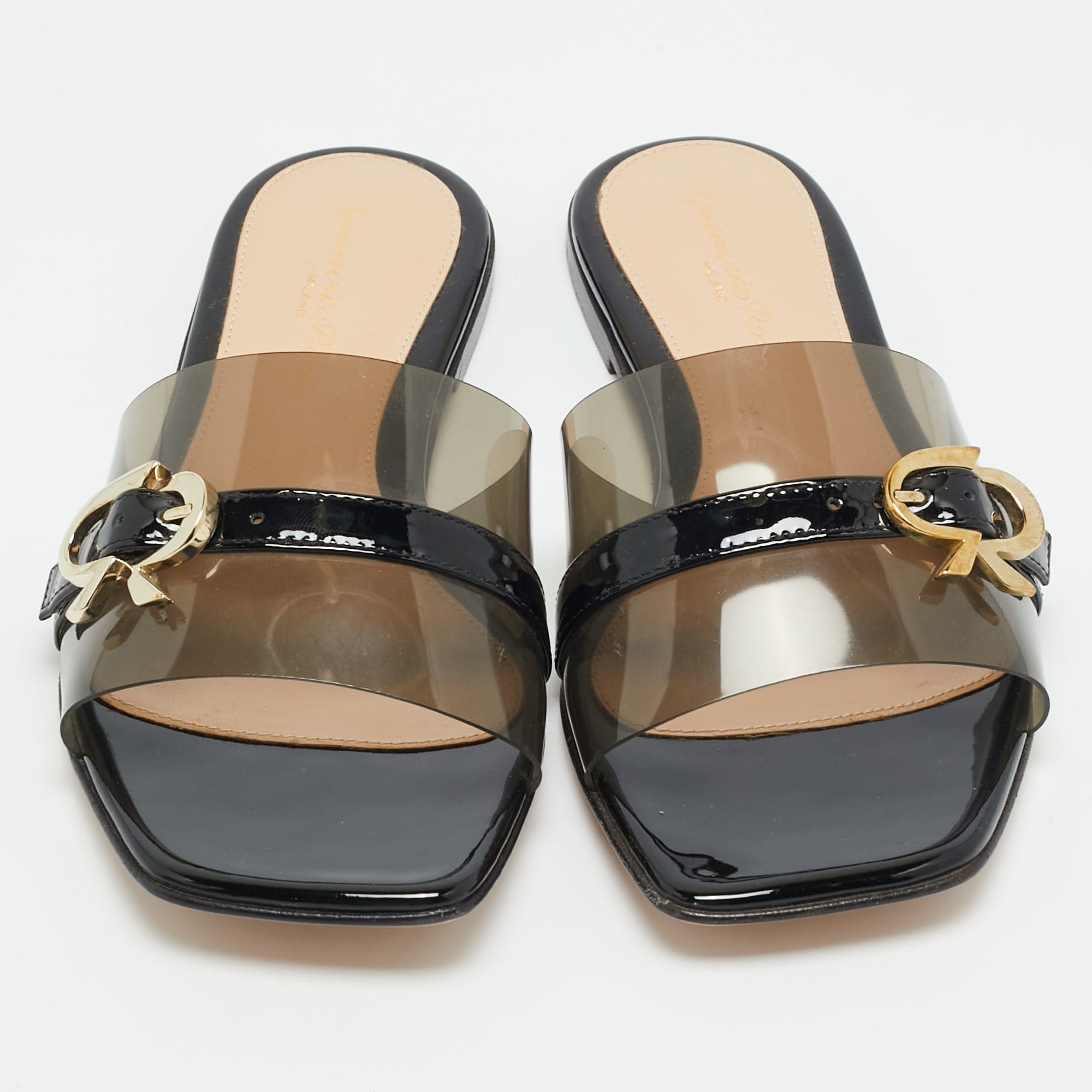 Gianvito Rossi Black Pvc And Patent Leather Gemini Flat Slides