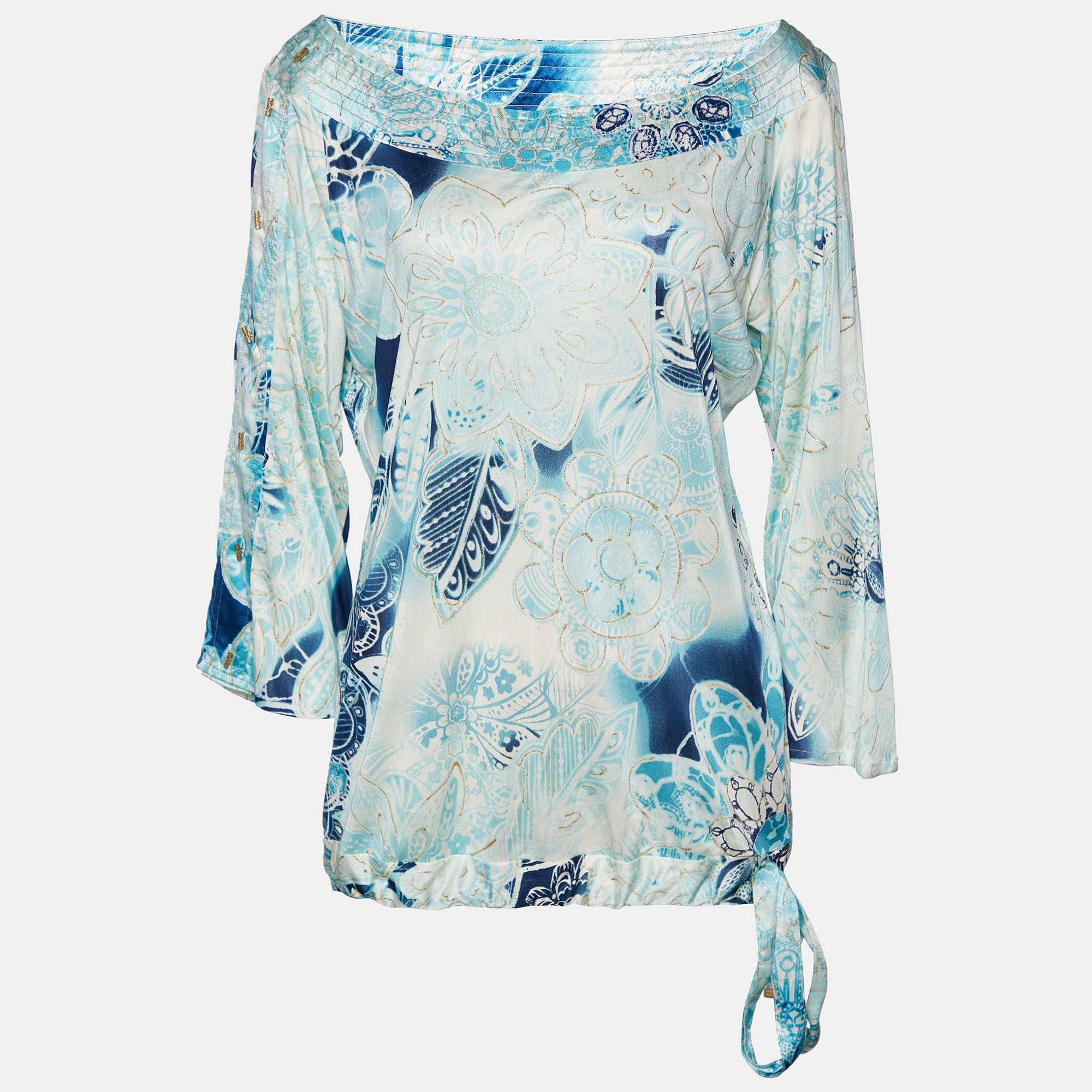 Roberto Cavalli Class By Roberto Cavalli Blue Printed Jersey Waist Tie Detail Top