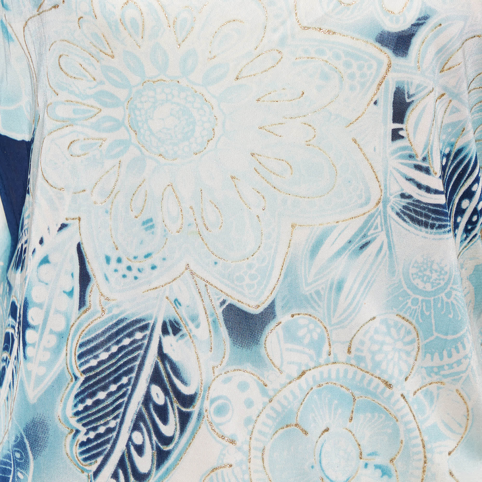 Roberto Cavalli Class By Roberto Cavalli Blue Printed Jersey Waist Tie Detail Top