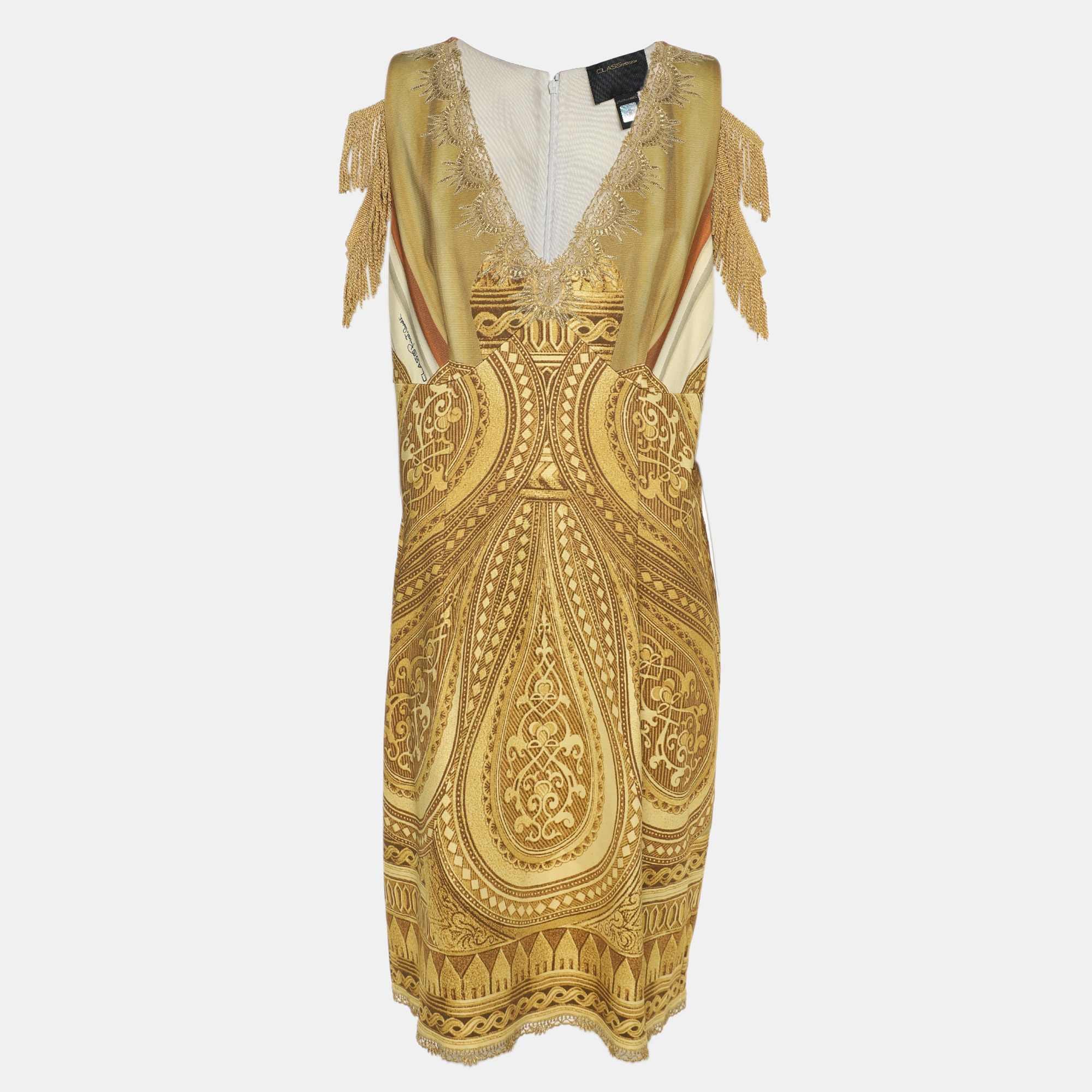 Roberto Cavalli Class By Roberto Cavalli Yellow Printed Jersey Midi Dress