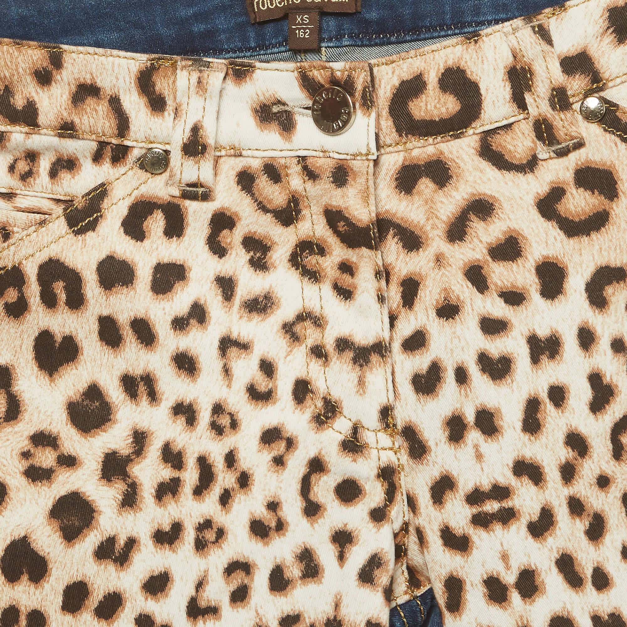 Roberto Cavalli Multicolor Leopard Print Chambray Skinny Fit Jeans