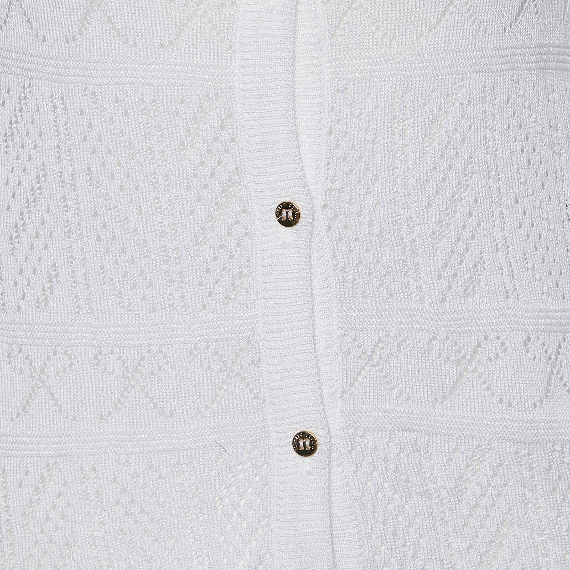 Roberto Cavalli White Perforated Knit & Printed Silk Sleeve Cardigan