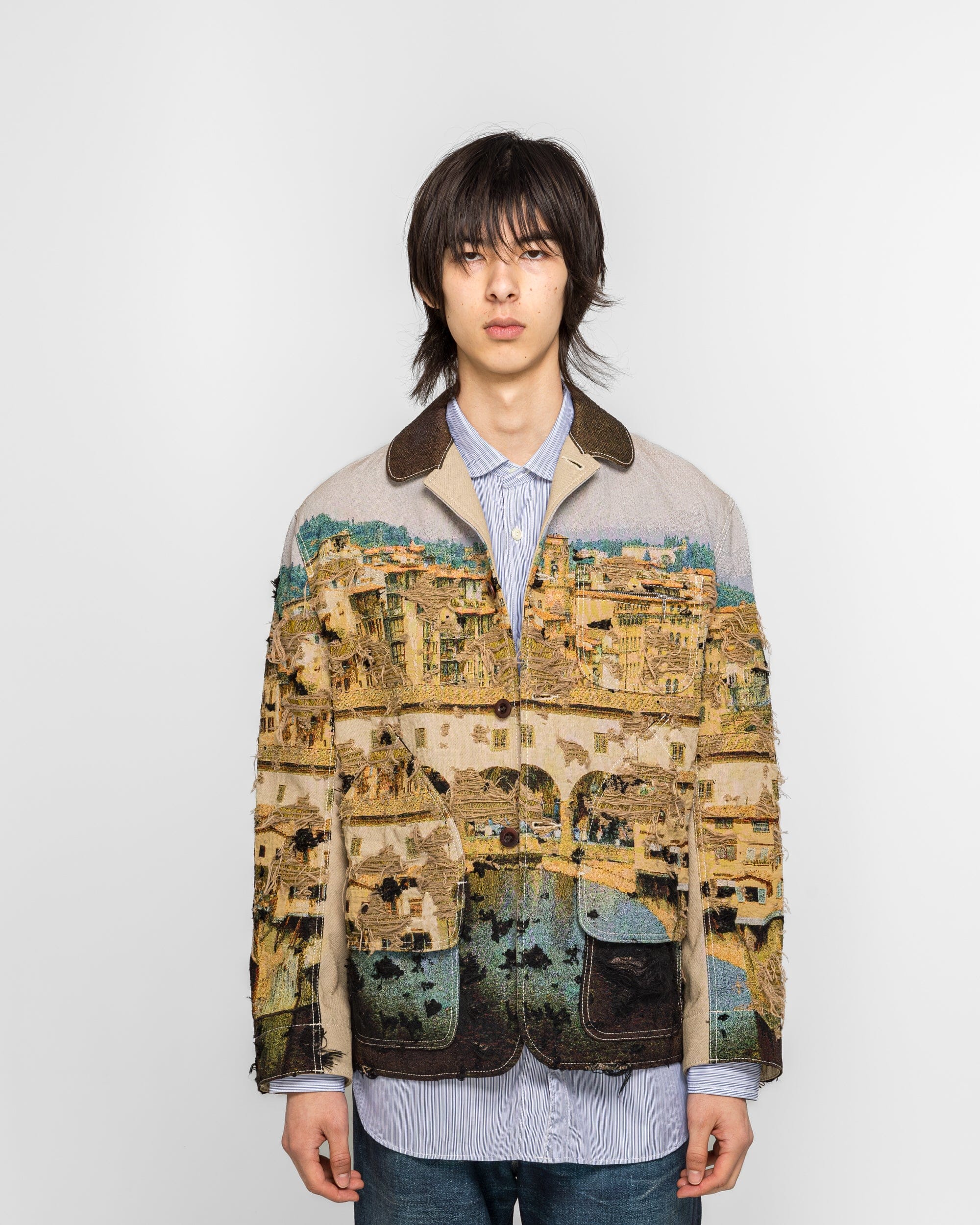 Junya Watanabe MAN Gobelin Weave Button Up Blouson - Beige/Light Blue