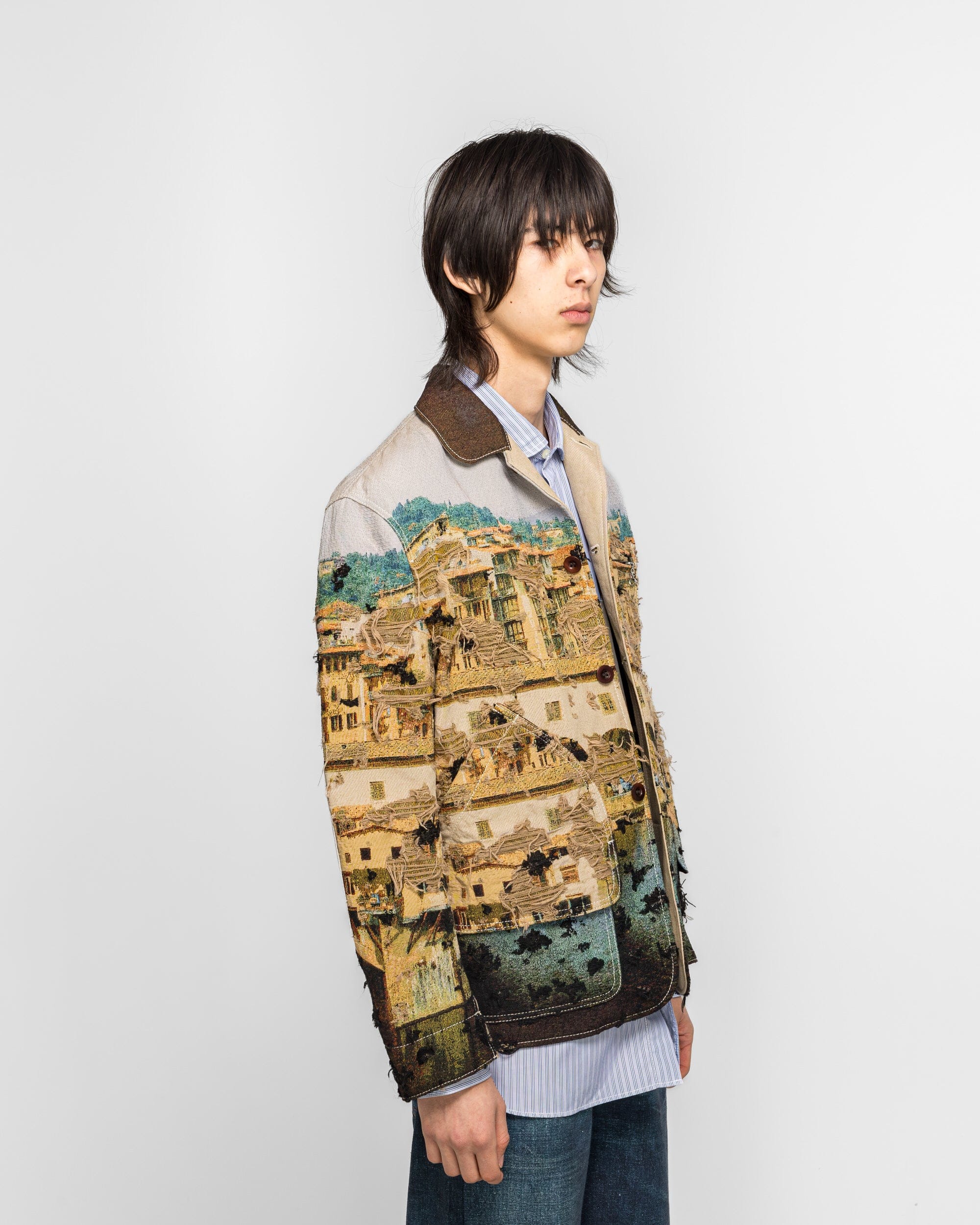 Junya Watanabe MAN Gobelin Weave Button Up Blouson - Beige/Light Blue
