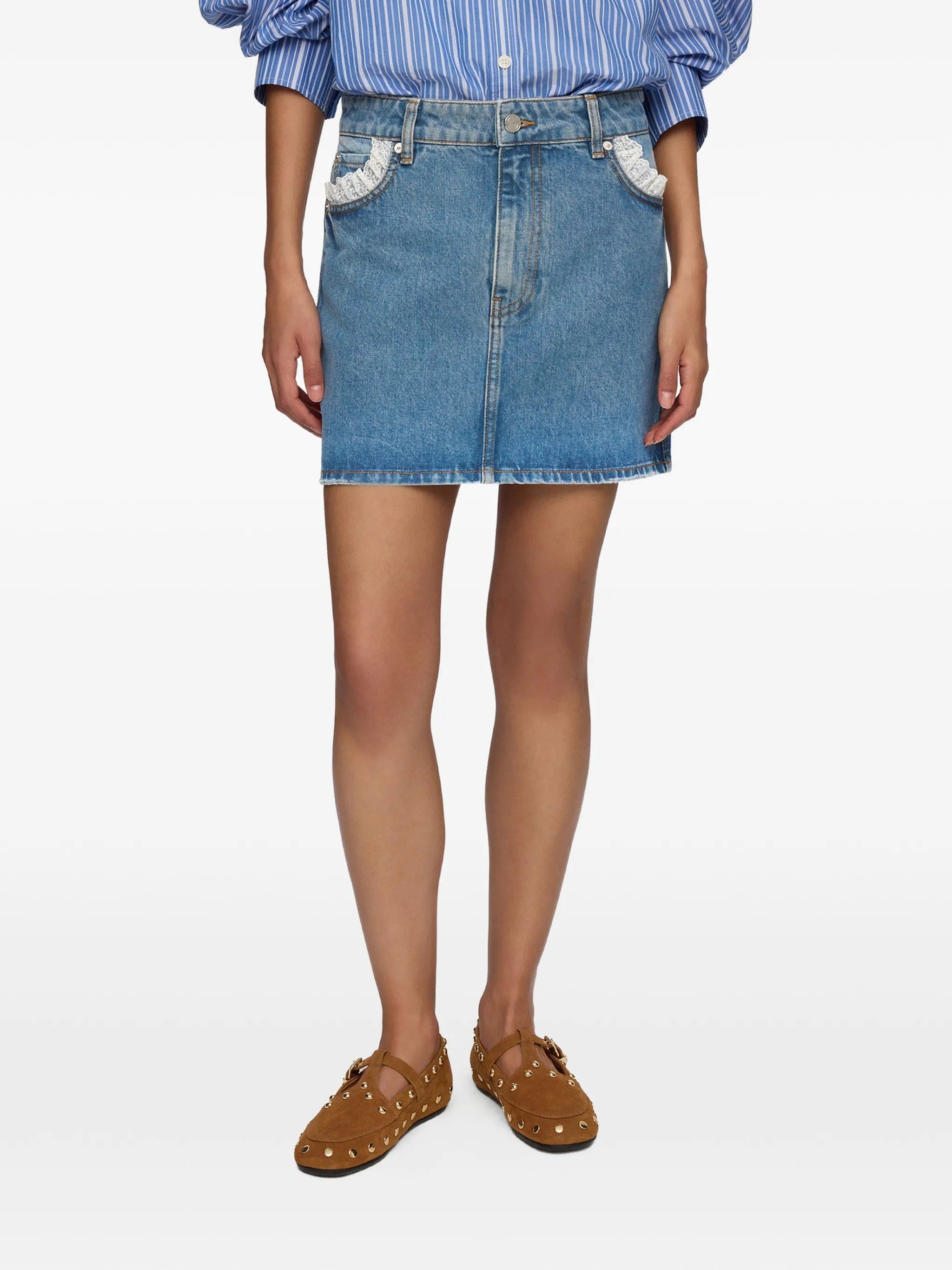 GANNI lace - trim denim skirt