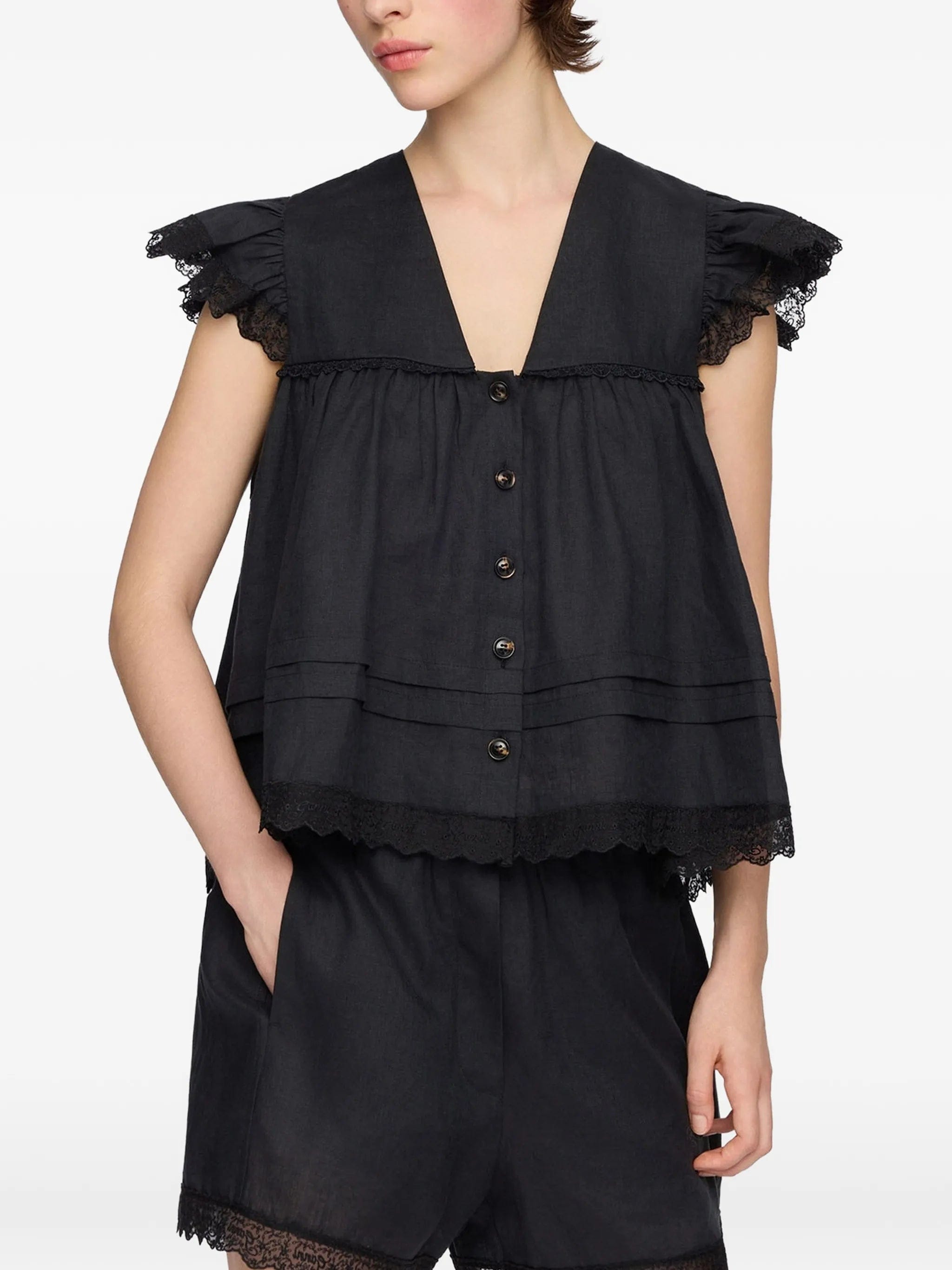 GANNI lace - trimmed ruffled blouse