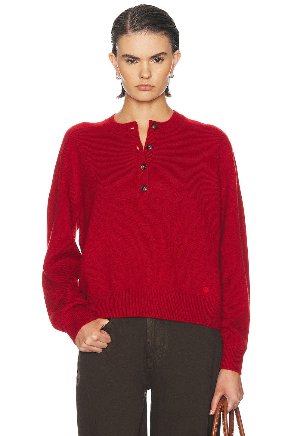 Loulou de Saison Malo Oversized Saddle - Sleeve Henley Sweater in Red M�lang�
