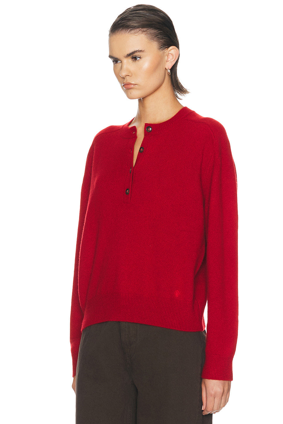 Loulou de Saison Malo Oversized Saddle - Sleeve Henley Sweater in Red M�lang�