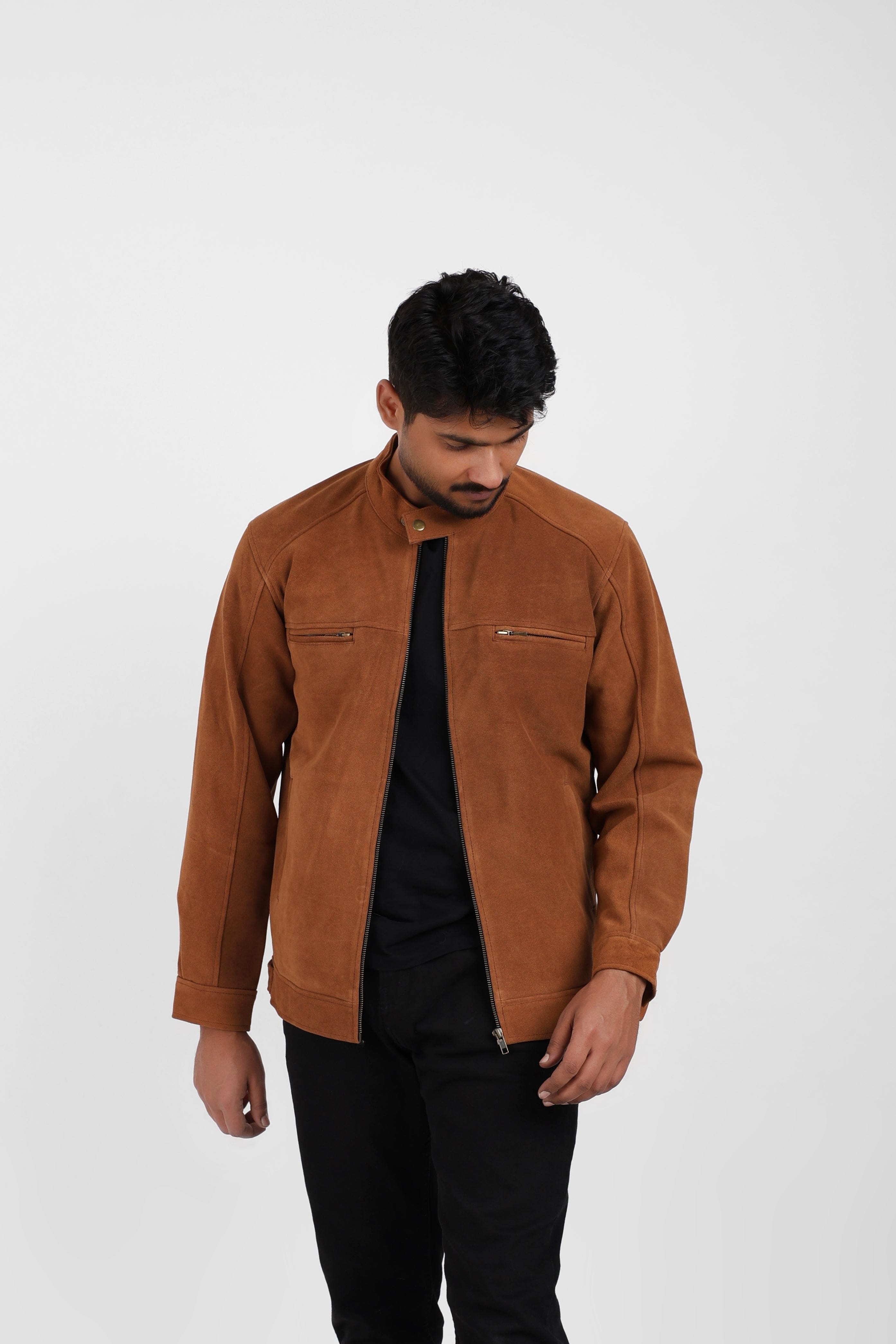 Shakkar Papa Classic Suede Leather Jacket Tan Zip
