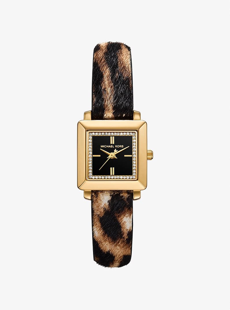 Petite Gwynn Pavé Gold-Tone and Leopard Print Calf Hair Strap Watch