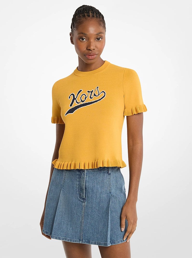 Ruffled Stretch Knit Logo Short-Sleeve Sweater
