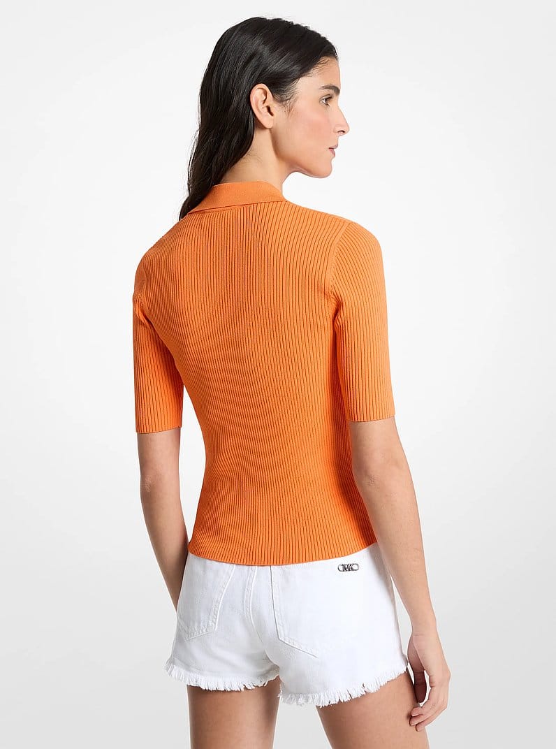 Ribbed Stretch Viscose Lace-Up Polo Top