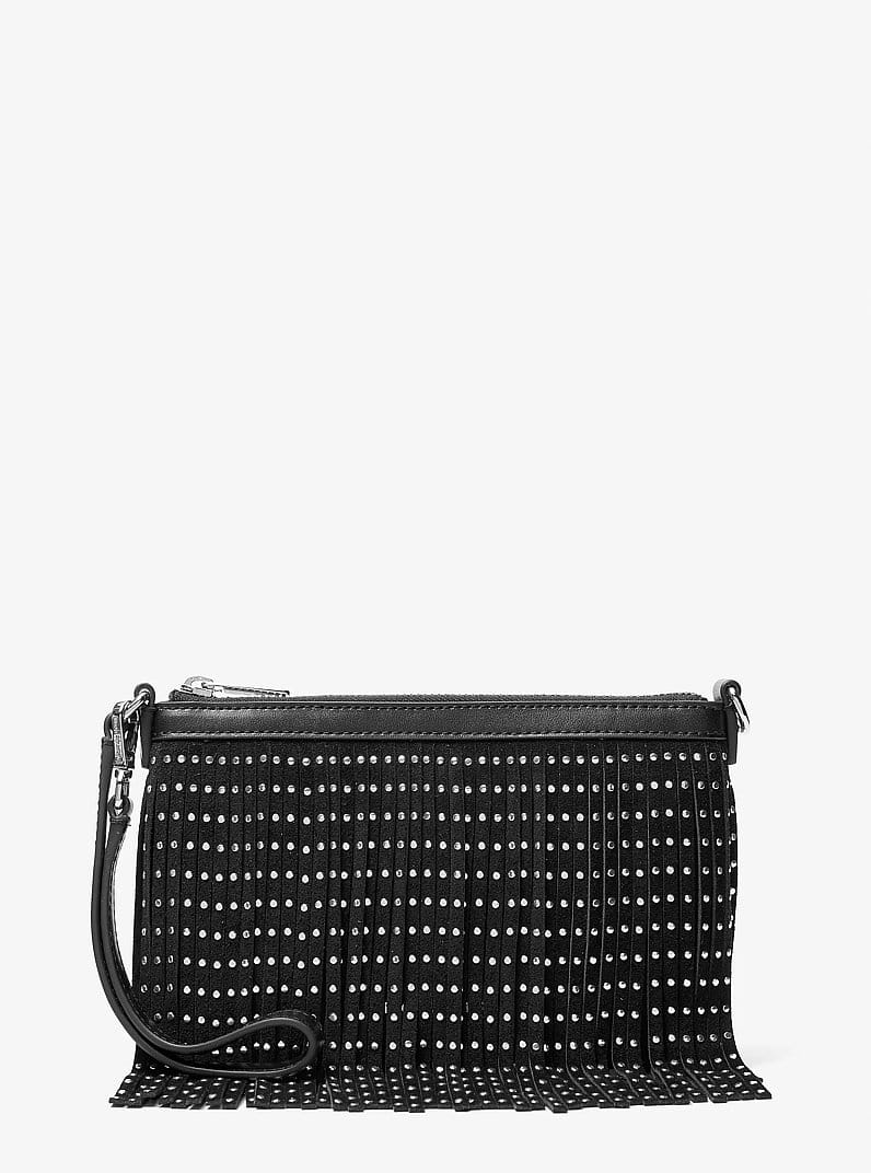 Jet Set Travel Small Studded Fringed Polyester Microsuede Wristlet