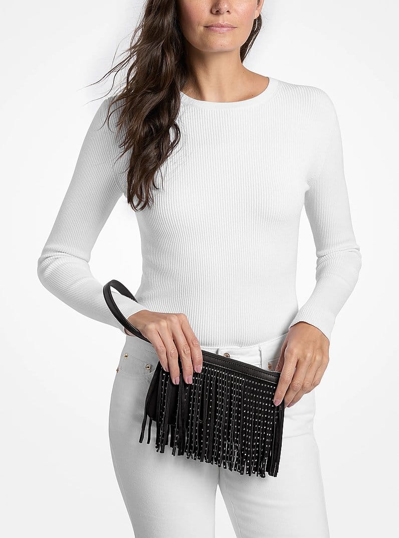 Jet Set Travel Small Studded Fringed Polyester Microsuede Wristlet