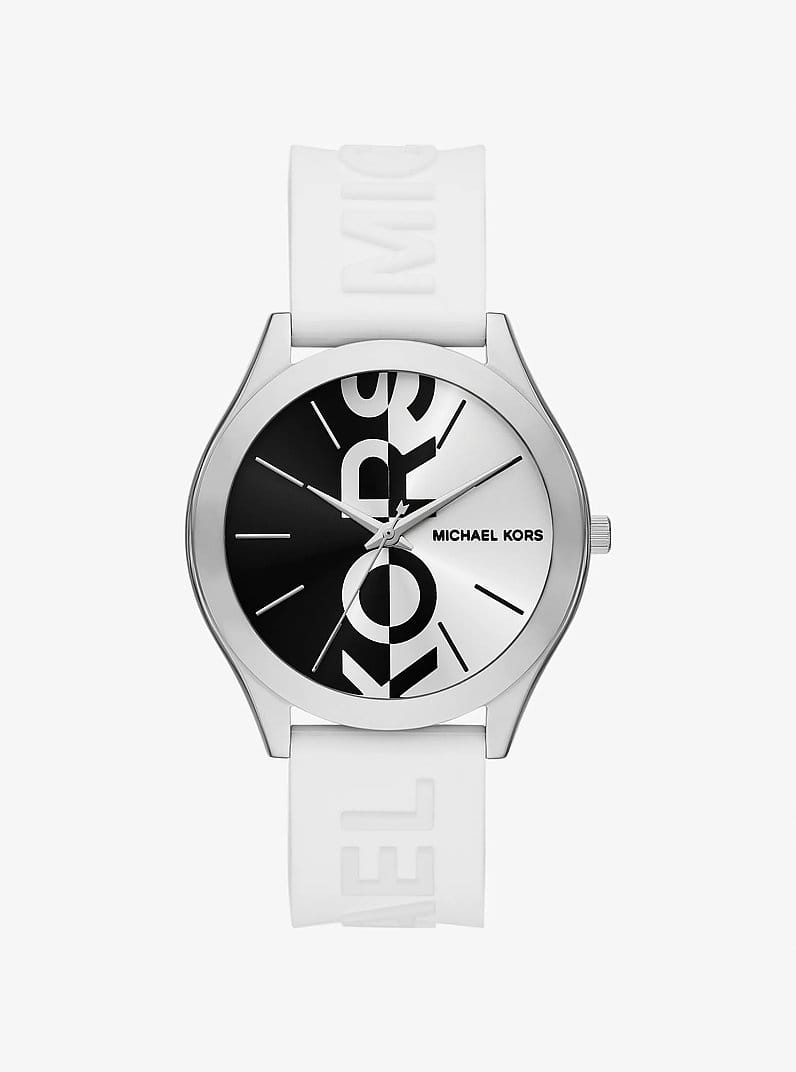 Oversized Aspyn Silver-Tone and Silicone Strap Watch