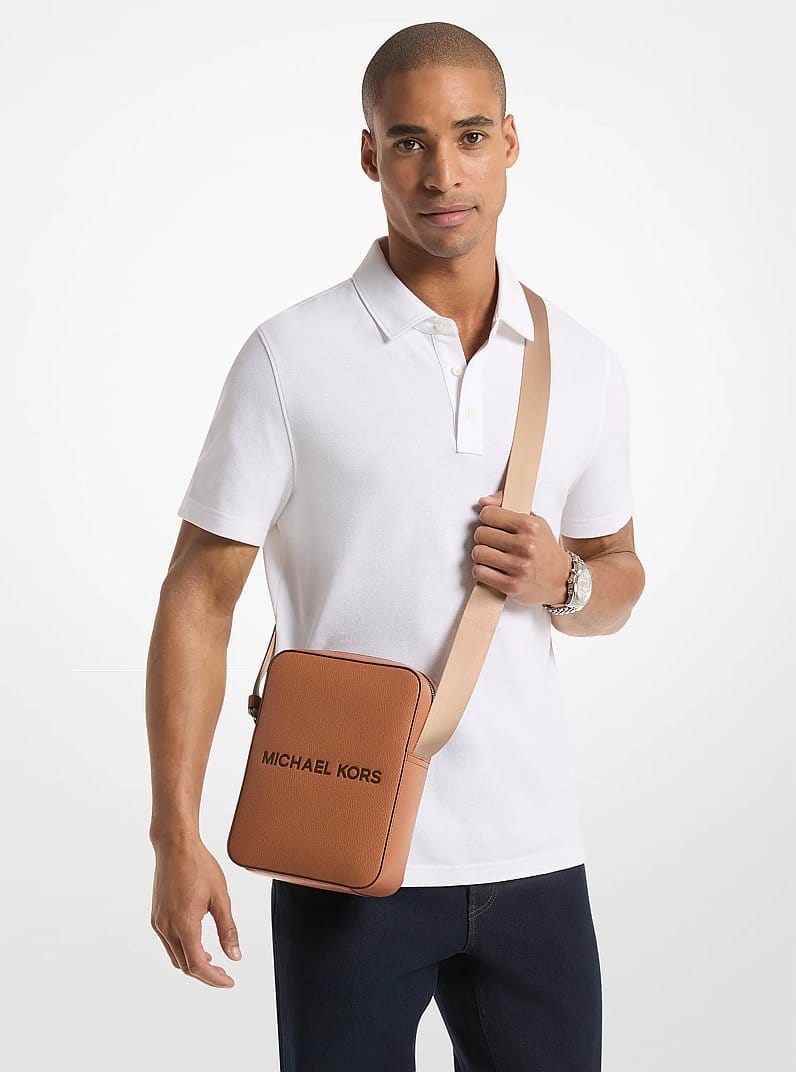 Cooper Logo Embossed Pebbled Leather Messenger Bag