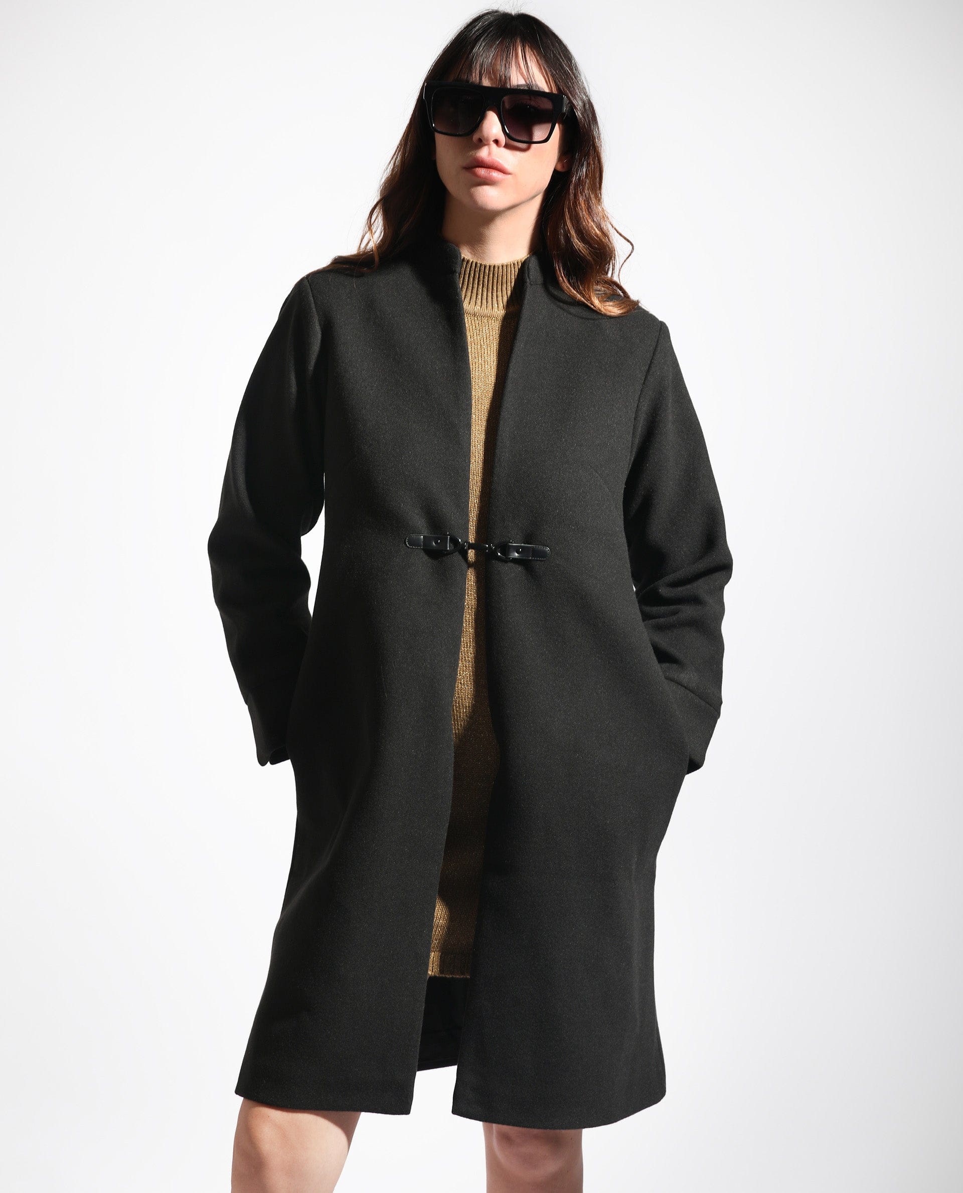 Rareism Women's Sera Black Polyester High Neck Plain Knee Length Regular Fit Jacket