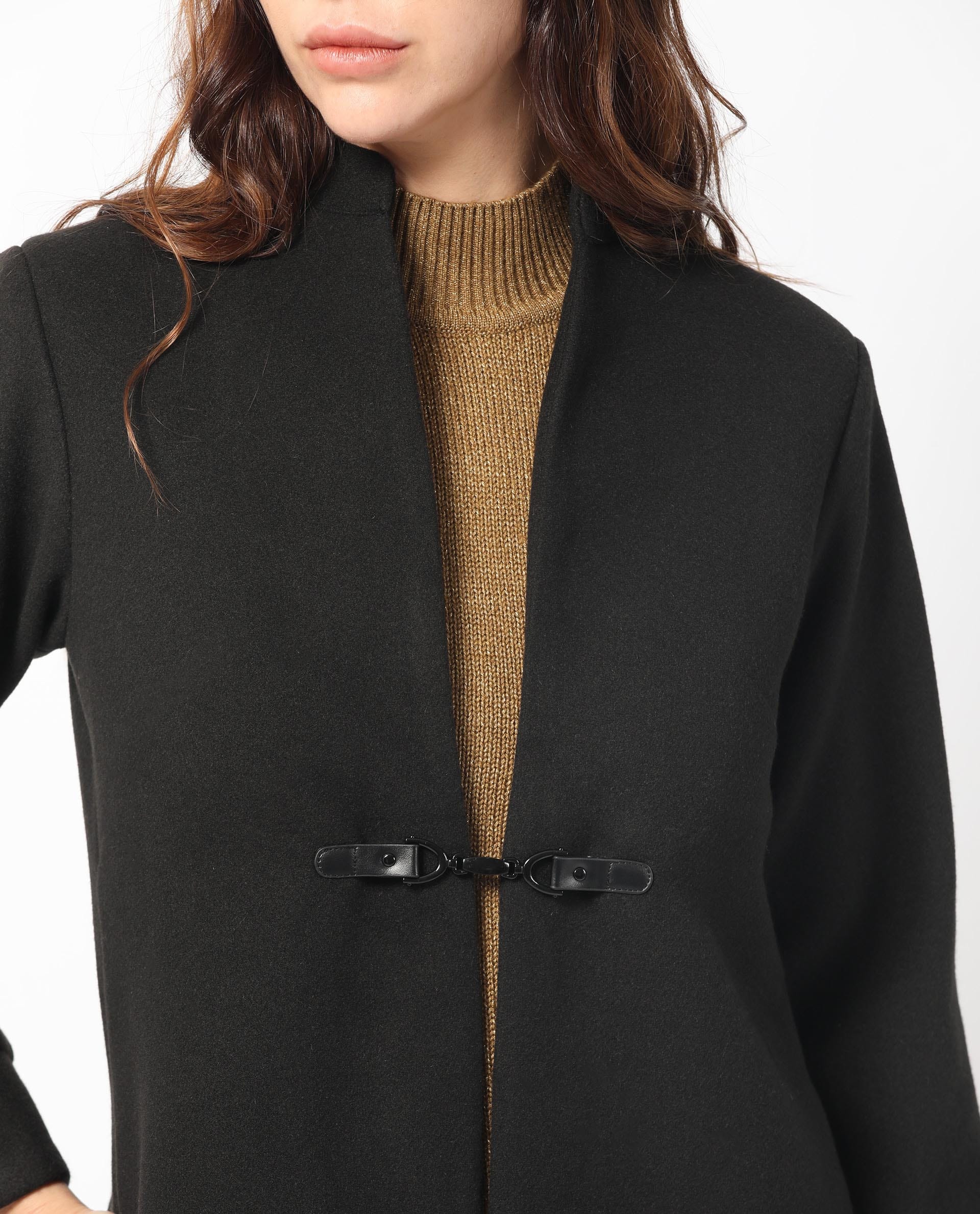 Rareism Women's Sera Black Polyester High Neck Plain Knee Length Regular Fit Jacket