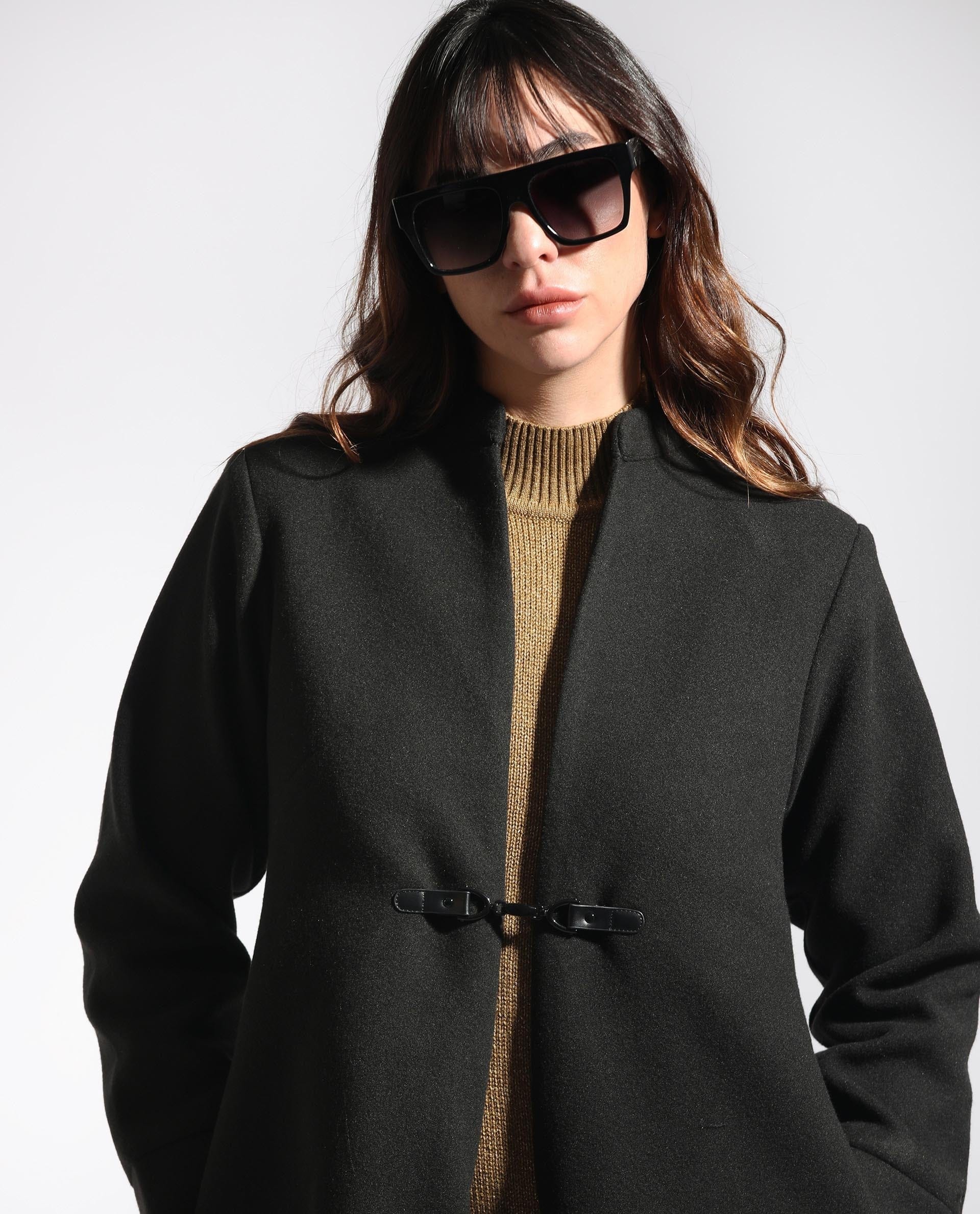 Rareism Women's Sera Black Polyester High Neck Plain Knee Length Regular Fit Jacket