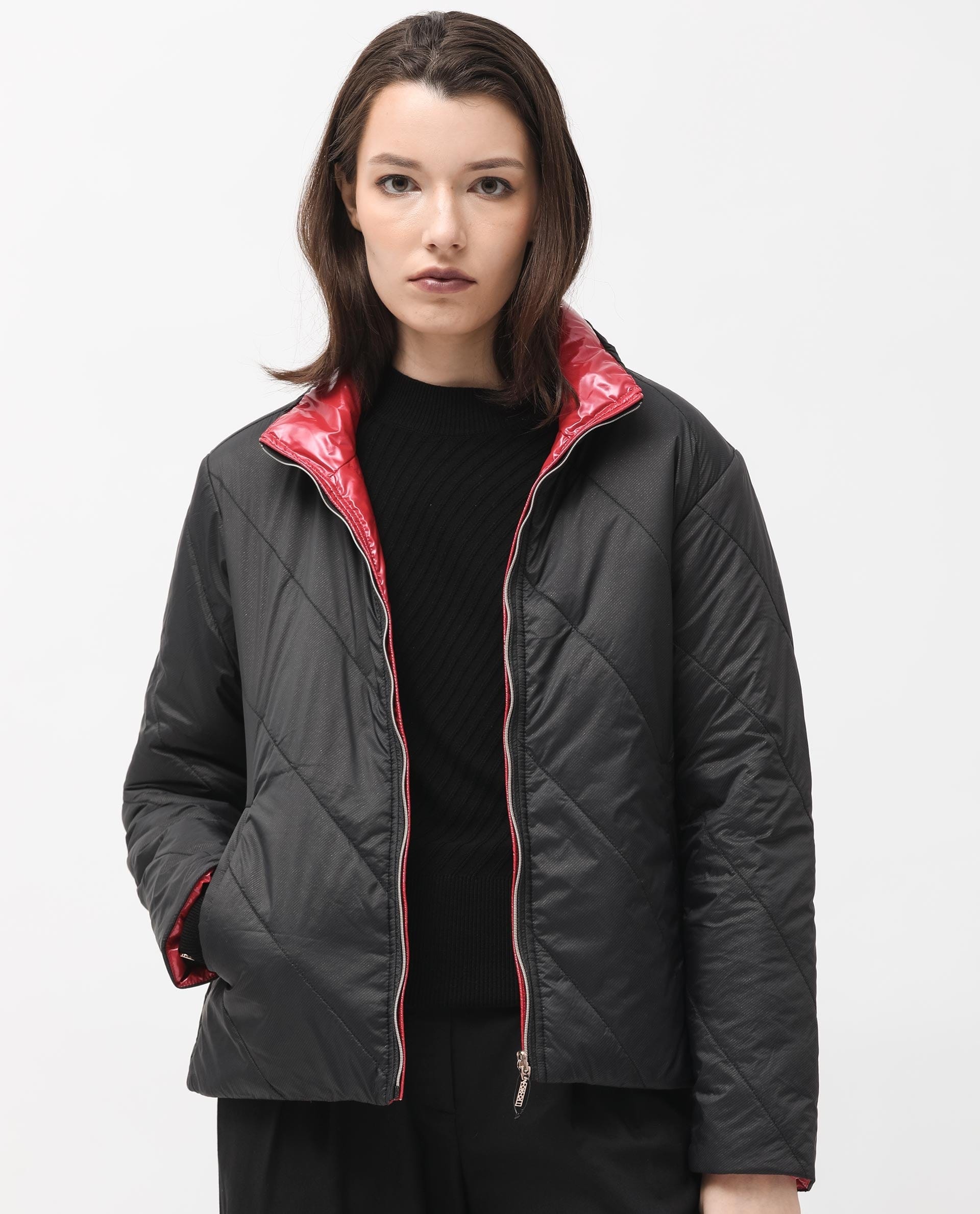 Rareism Women's Sapel Black Polyester High Neck Plain Regular Fit Jacket