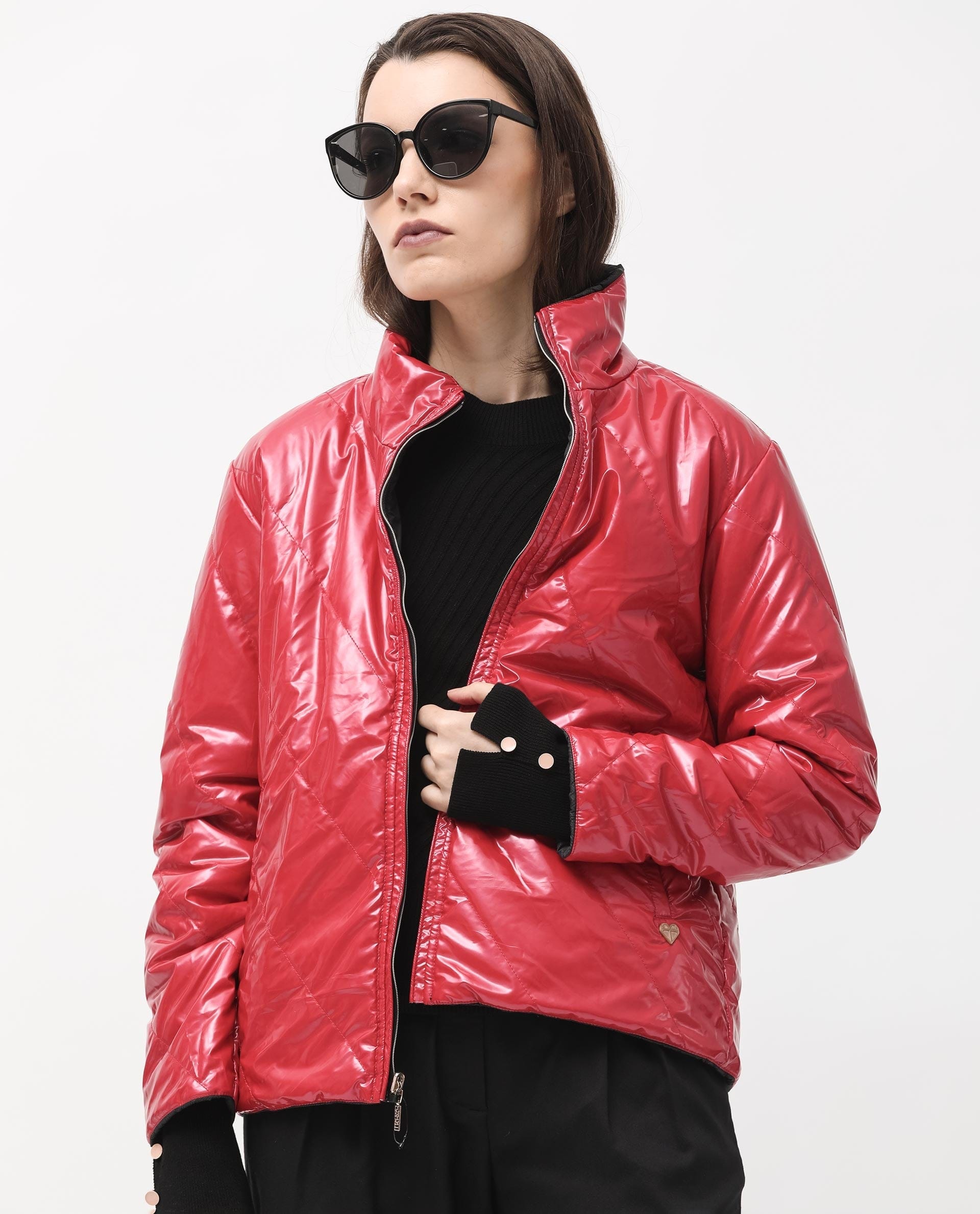 Rareism Women's Sapel Black Polyester High Neck Plain Regular Fit Jacket